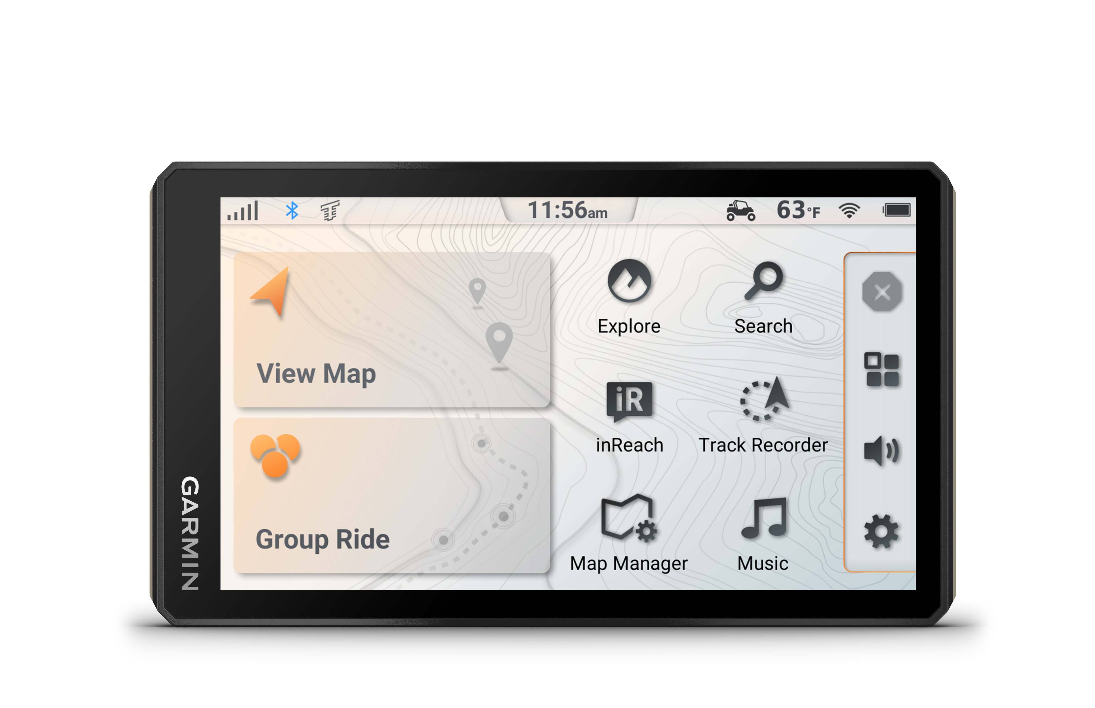The text on the image is grouped as follows:

1. Time: 11:56am
2. Temperature: 63F
3. Location: F Explore Search x GARMIN
4. View Map: Group Ride iR inReach Track Recorder Map Manager Music