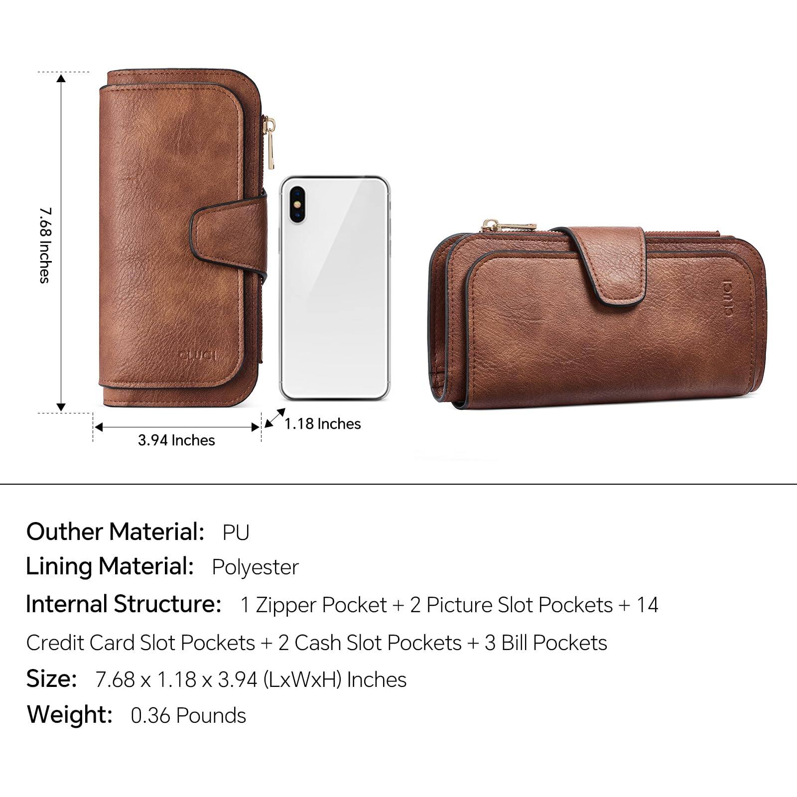 Outer Material: PU  
Lining Material: Polyester  
Internal Structure: 1 Zipper Pocket + 2 Picture Slot Pockets + 14 Credit Card Slot Pockets + 2 Cash Slot Pockets + 3 Bill Pockets  
Size: 7.68 x 1.18 x 3.94 (LxWxH) Inches  
Weight: 0.36 Pounds