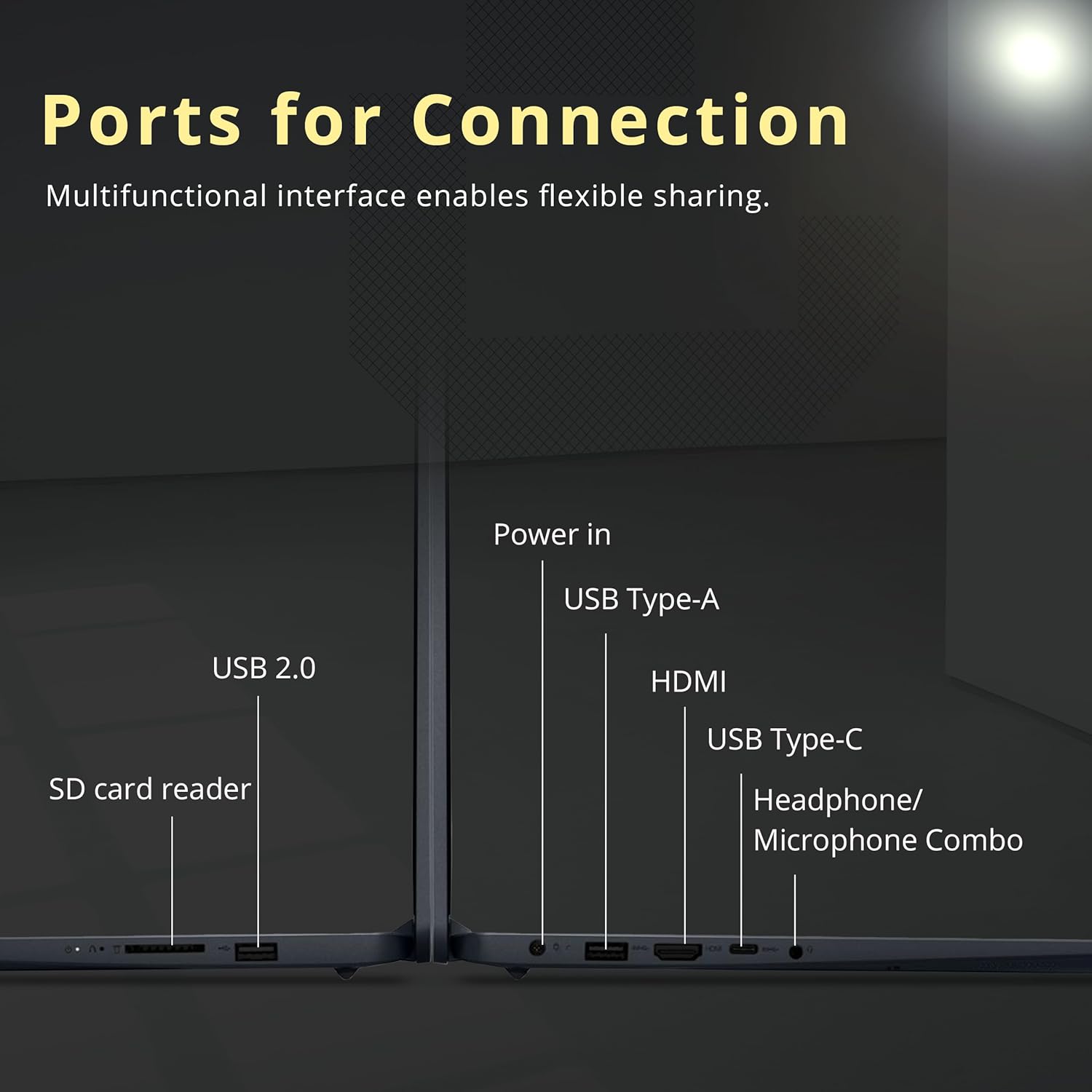 Ports for Connection  
Multifunctional interface enables flexible sharing.

- USB 2.0
- SD card reader
- Power in
- USB Type-A
- HDMI
- USB Type-C
- Headphone/Microphone Combo