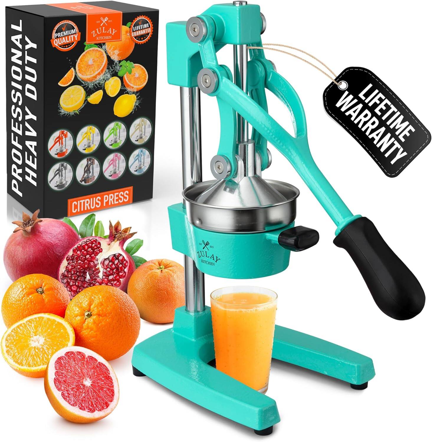Zulay Kitchen - Professional Citrus Juicer - Heavy Duty Manual Orange Juicer and Lime Squeezer Press Stand - Teal