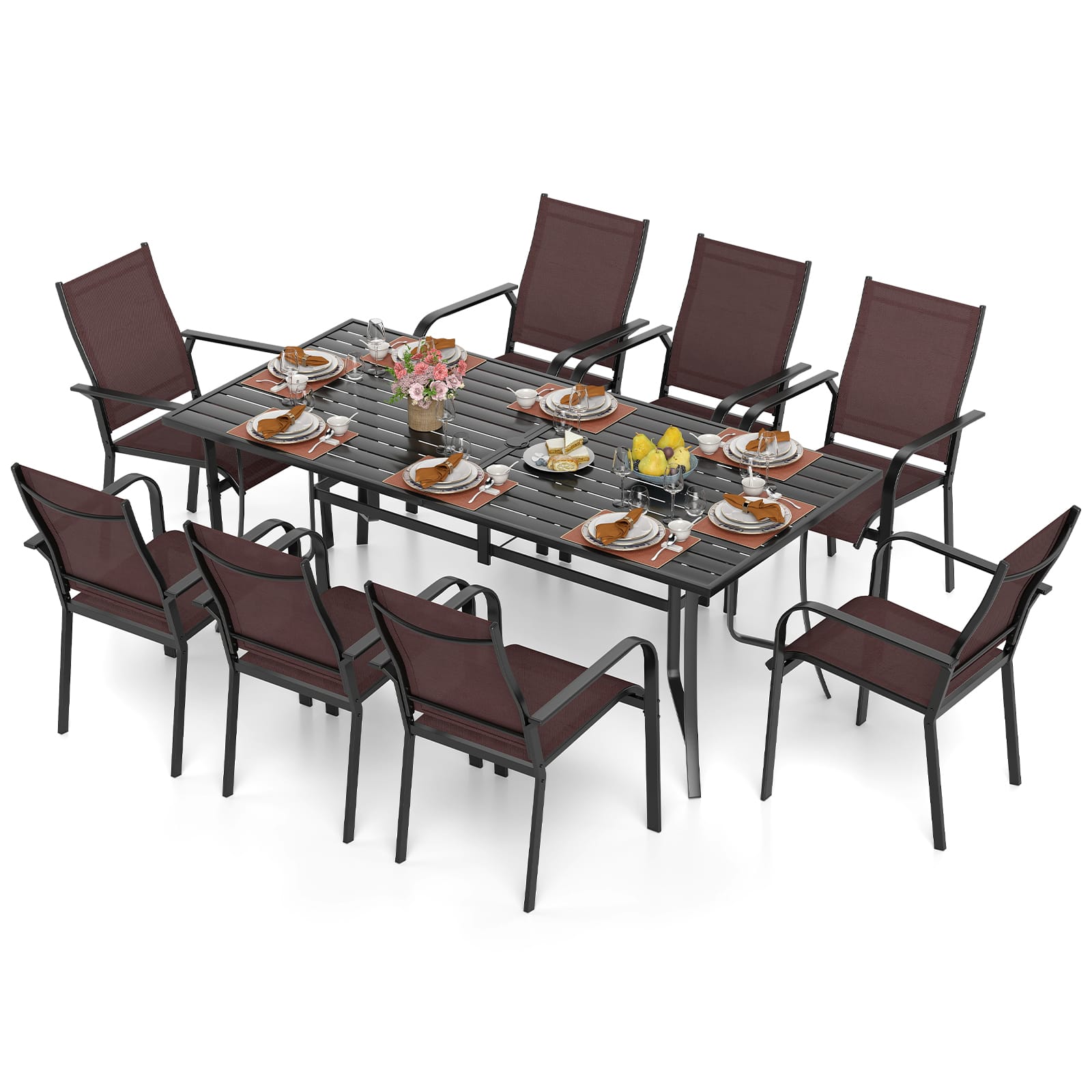 Gymax - 9PCS Patio Dining Set Rectangular Table & Stackable Chairs w/Umbrella Hole Black & Coffee - Brown