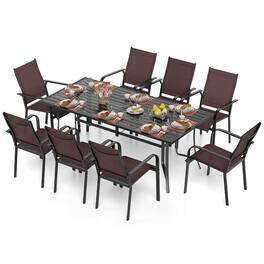 Gymax - 9PCS Patio Dining Set Rectangular Table & Stackable Chairs w/Umbrella Hole Black & Coffee - Brown