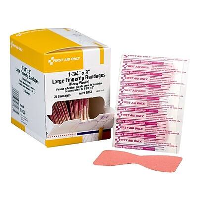 Sure, here is the corrected and grouped text:
**Box:**
- FIRST AID ONLY
- 1-3/4" x 3" Large Fingertip Bandages
- Heavy Woven
- 25 Bandages
- 134 IT Vendas graesal Dejido hemrt
- G1SJ Z5
**Individual Bandages:**
- FIRST AID ONLY
- 1-3/4" x 3" Fingertip Bandages
- Heavy Woven
- 25 Bandages
- 134 IT Vendas graesal Dejido hemrt
- G1SJ Z5
**Description:**
- Fagpaetg Bodtages
- de les dedos gara la adbesivan
This text appears to be a mix of product information and possibly some non-English phrases. The main product details are consistent across the box and individual bandages.