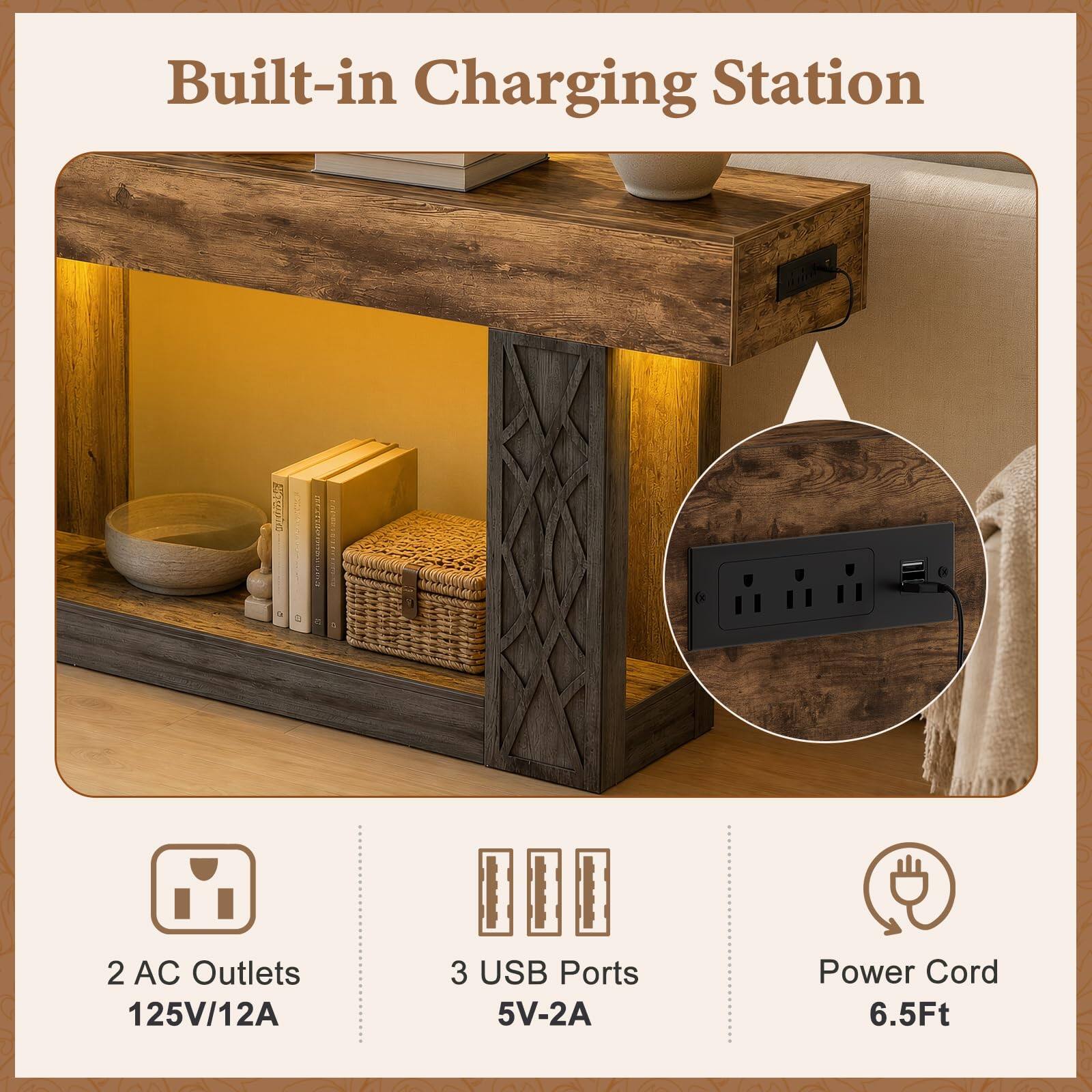 Built-in Charging Station

- 2 AC Outlets 125V/12A
- 3 USB Ports 5V-2A
- Power Cord 6.5Ft