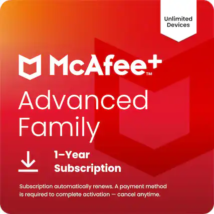Unlimited Devices
McAfee™ Advanced Family
1-Year Subscription
Subscription automatically renews. A payment method is required to complete activation – cancel anytime.