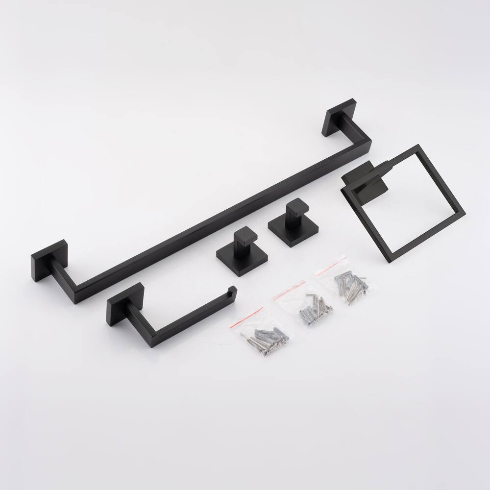 Alt View 5. JUJABU - 5-Piece Bathroom Set Towel Bar + Ring + Hooks + TP Holder, Black - Black.