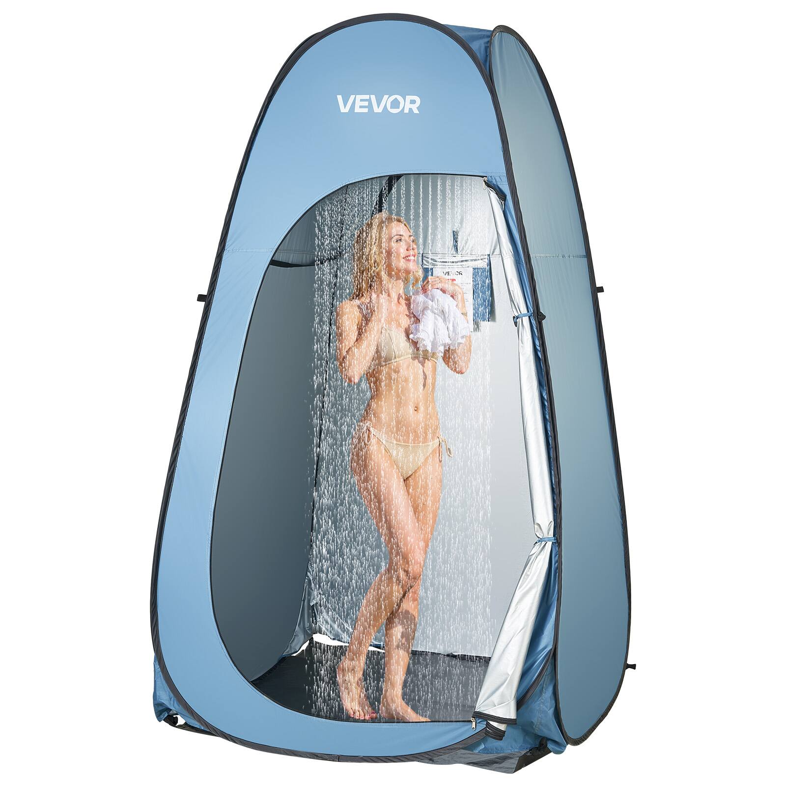 Front. VEVOR - Pop up Shower Tent, Instant Portable Privacy Tent Changing Room with Shower Bag, Ground Stakes, Ropes, Carry Bag - Blue.