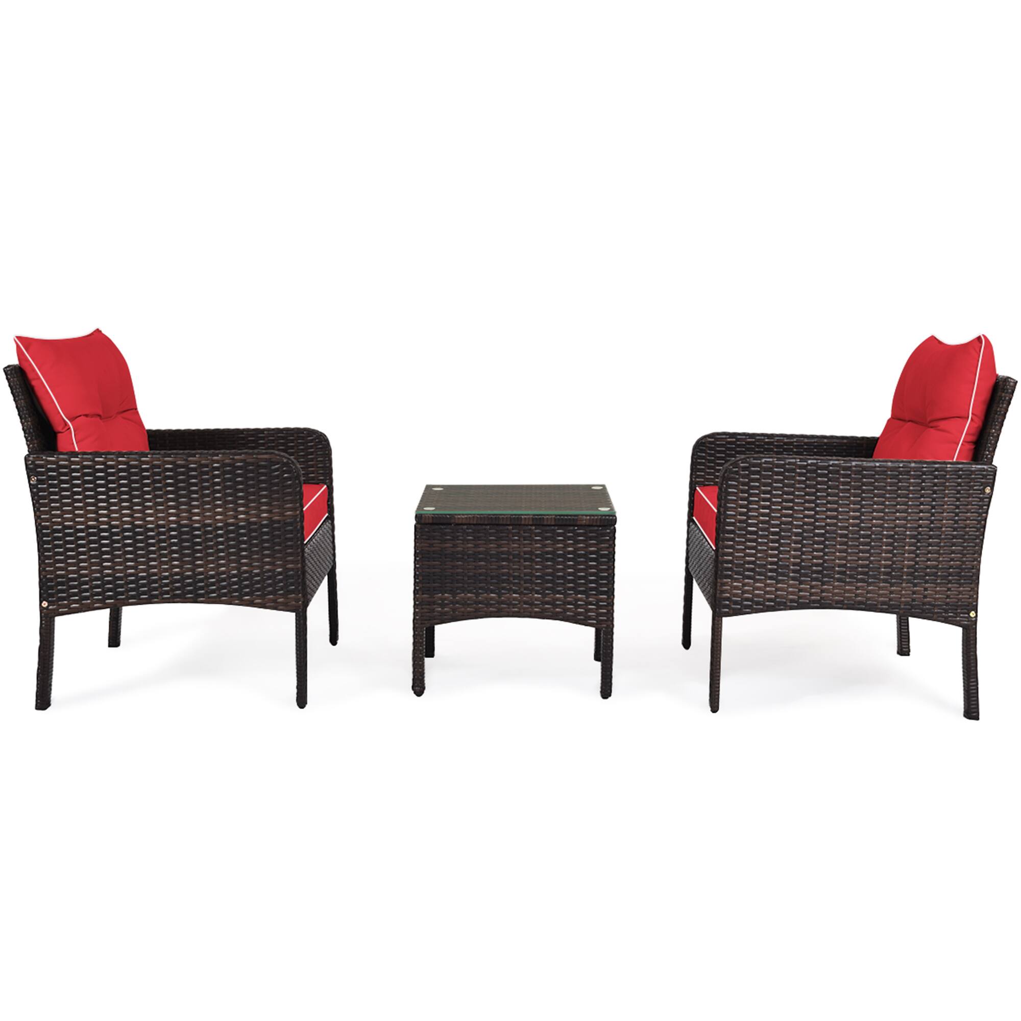 Alt View 5. Gymax - Gymax 3PCS Patio Outdoor Rattan Furniture Set w/ Coffee Table Red Cushion - as pic.