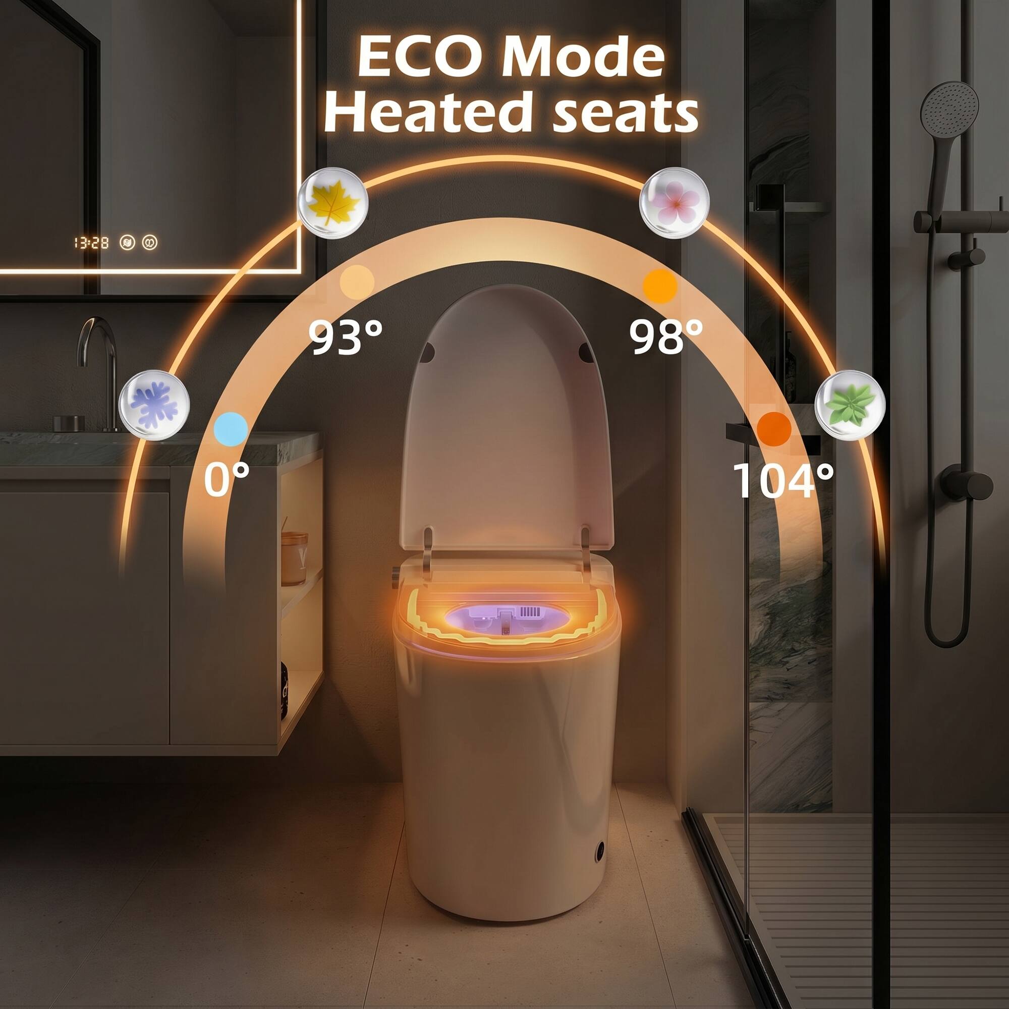 ECO Mode Heated seats  
13:28  
93°  
98°  
0°  
104°