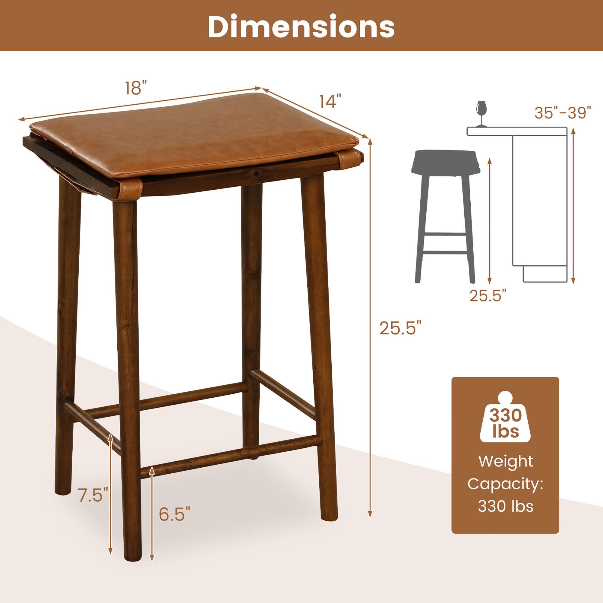 Dimensions: 18", 14", 35"-39", 25.5", 25.5", 7.5", 6.5"

Weight Capacity: 330 lbs