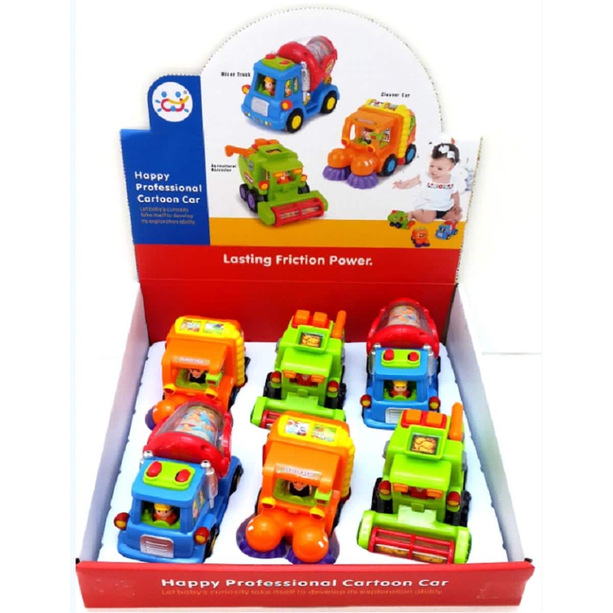 JuzToys - 6-Pack Push and Go Friction Powered Truck Toys – Cement Mixer Truck, Sweeper, and Harvester, Toy Vehicles Friction Car - Multi