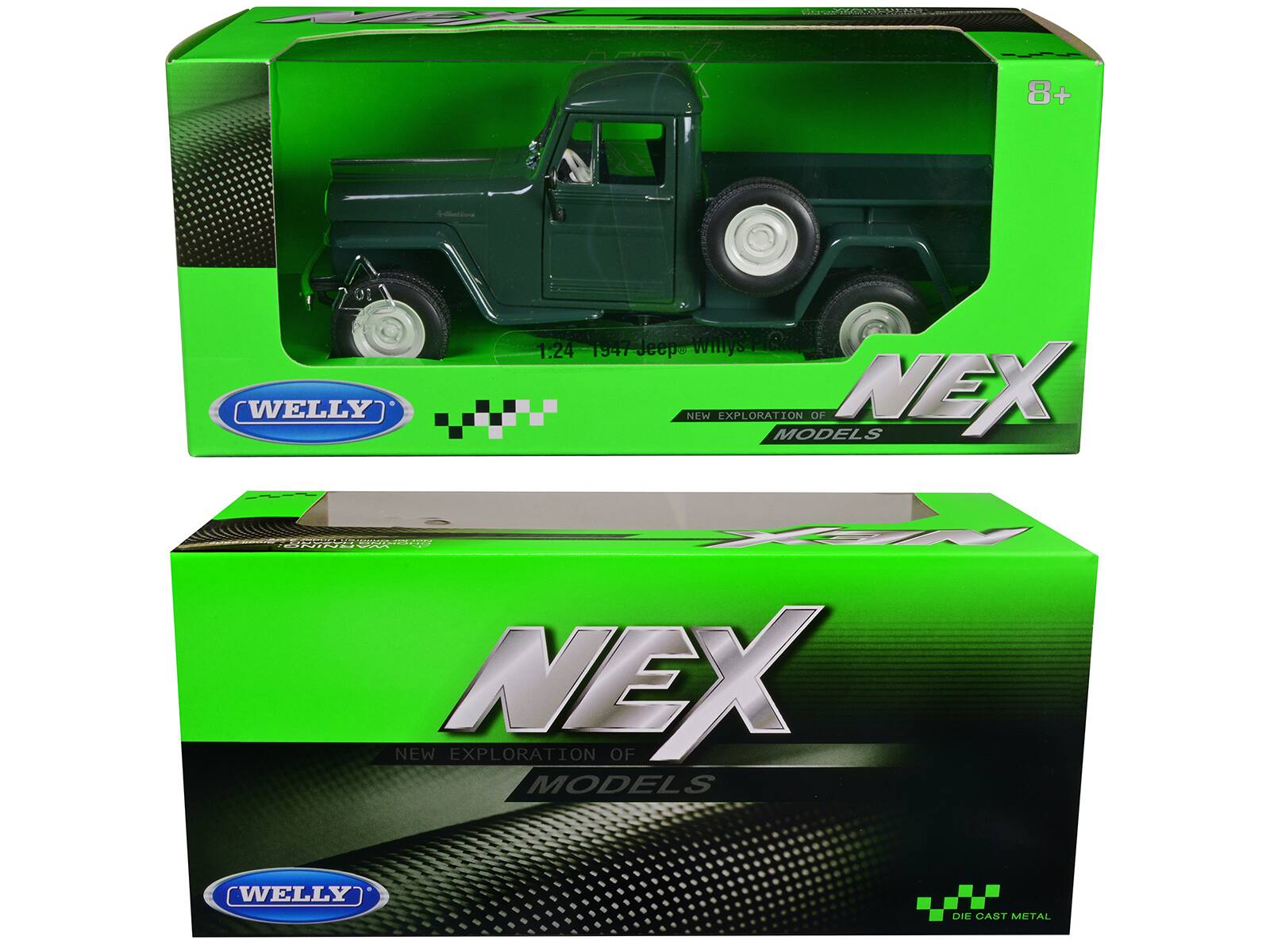 8+  
WELLY  
1:24 1947 Jeep Willys Pickup  
NEW EXPLORATION OF MODELS  
NEX  
NEW EXPLORATION OF MODELS  
WELLY  
DIE CAST METAL