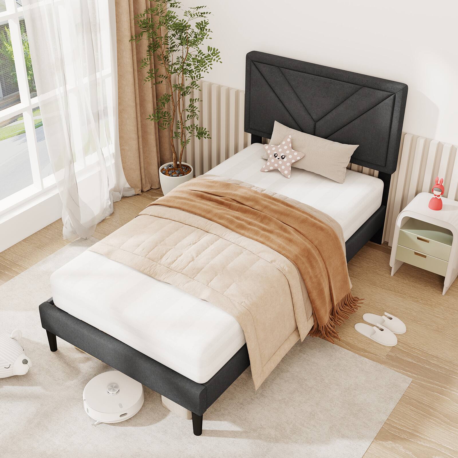 Gymax Twin Size Bed Frame w/ Tufted Headboard & Wooden Slats Easy