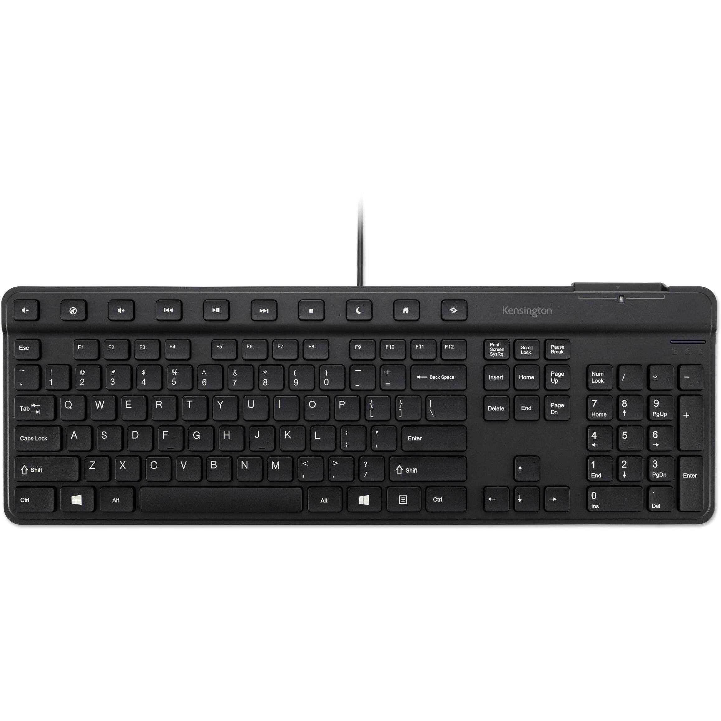 Sure, here is the corrected and grouped text from the image:

---

**Top Row:**
- Esc
- F1 F2 F3 F4 F5 F6 F7 F8 F9 F10 F11 F12
- Print Screen Scroll Lock Pause Break

**Left Side:**
- Tab
- Caps Lock
- Shift
- Ctrl
- Windows
- Alt

**Main Keyboard:**
- 1 2 3 4 5 6 7 8 9 0 -
- Q W E R T Y U I O P
- A S D F G H J K L ;
- Z X C V B N M , . /
- Shift
- Ctrl
- Windows
- Alt

**Right Side:**
- Insert Home Page Up
- Delete End Page Down
- Num Lock
- 7 8 9 +
- 4 5 6 -
- 1 2 3 Enter
- 0 . / Del

**Additional Keys:**
- Kensington
- Power
- Back Space
- Enter

---

This text corresponds to the layout and labels of the keys on the keyboard in the image.