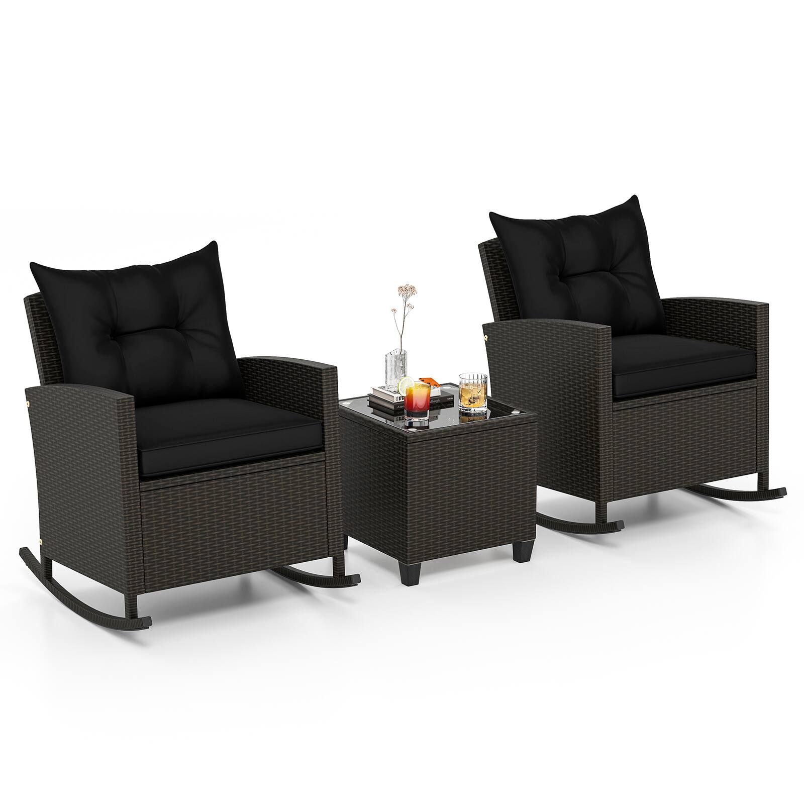 Alt View 9. Gymax - Gymax Set of 3 Wicker Rocking Set w/ Tempered Glass Table Patio Outdoor Black - Black.
