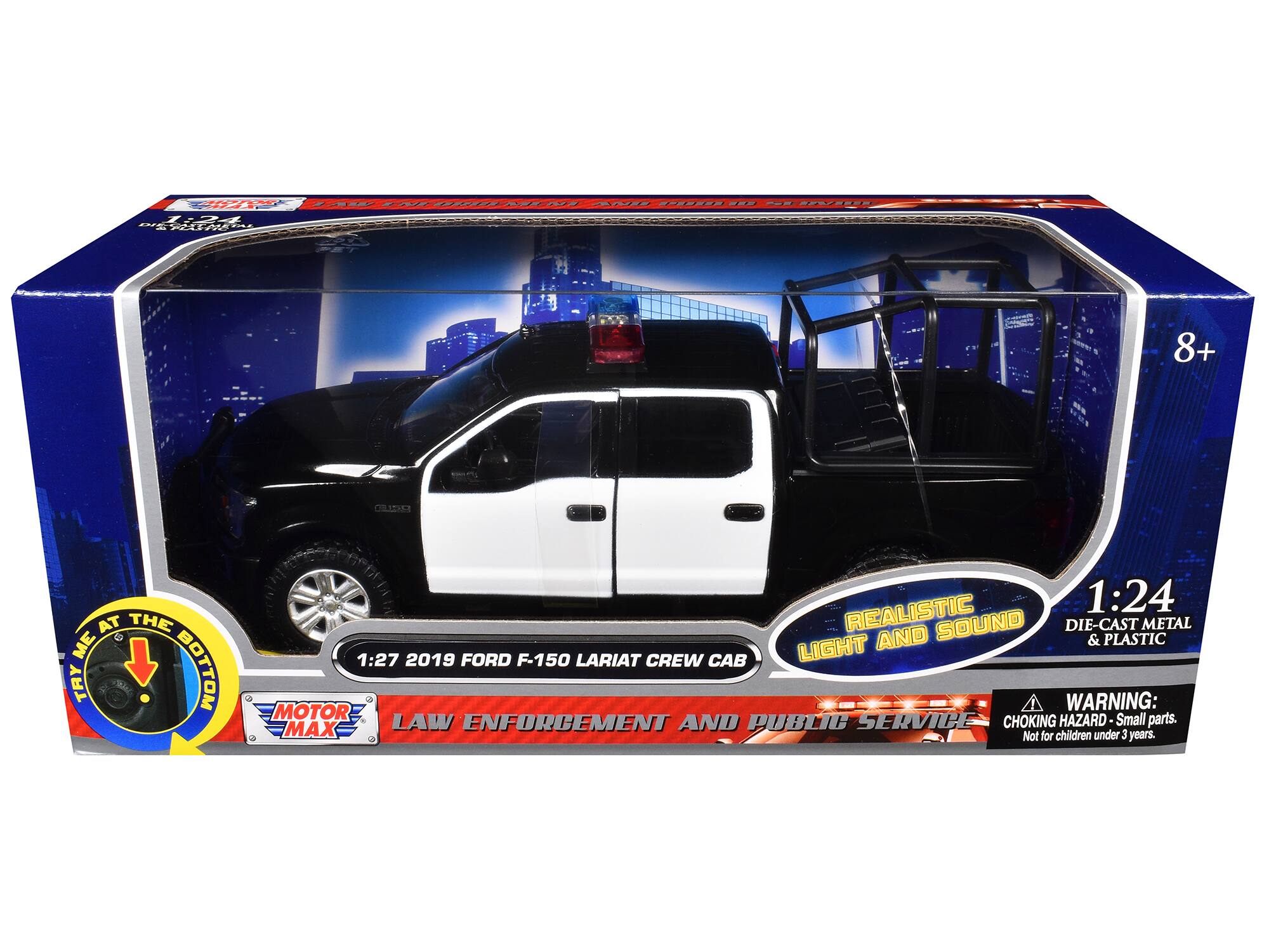 |   w0--EIS - -  | W  H PET 8+ CLDE AT THE ME TAY BOTTOM REALISTIC 1:24 SOUND DIE-CAST METAL LIGHT AND & PLASTIC 1:27 2019 FORD F-150 LARIAT CREW CAB MOTOR WARNING: LAW ENFORCEMENT AND PUBLIC SERVICE CHOKING HAZARD -Small Small parts. MAX Not for children under 3 years.