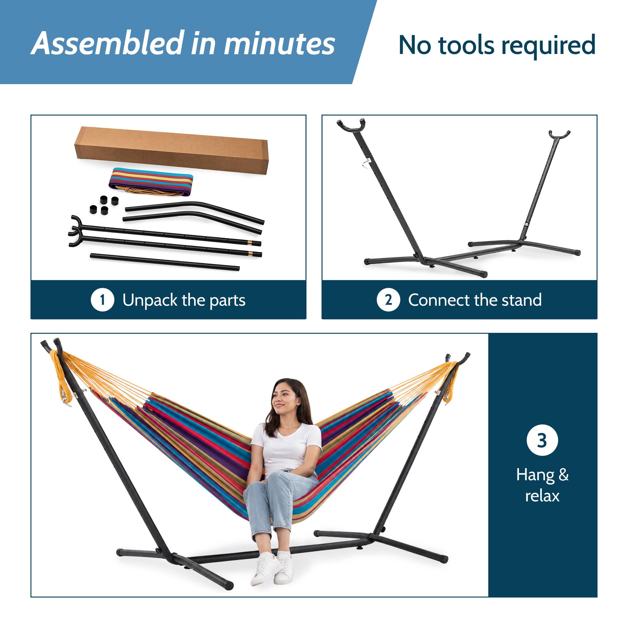 Assembled in minutes  
No tools required  
1 Unpack the parts  
2 Connect the stand  
3 Hang & relax