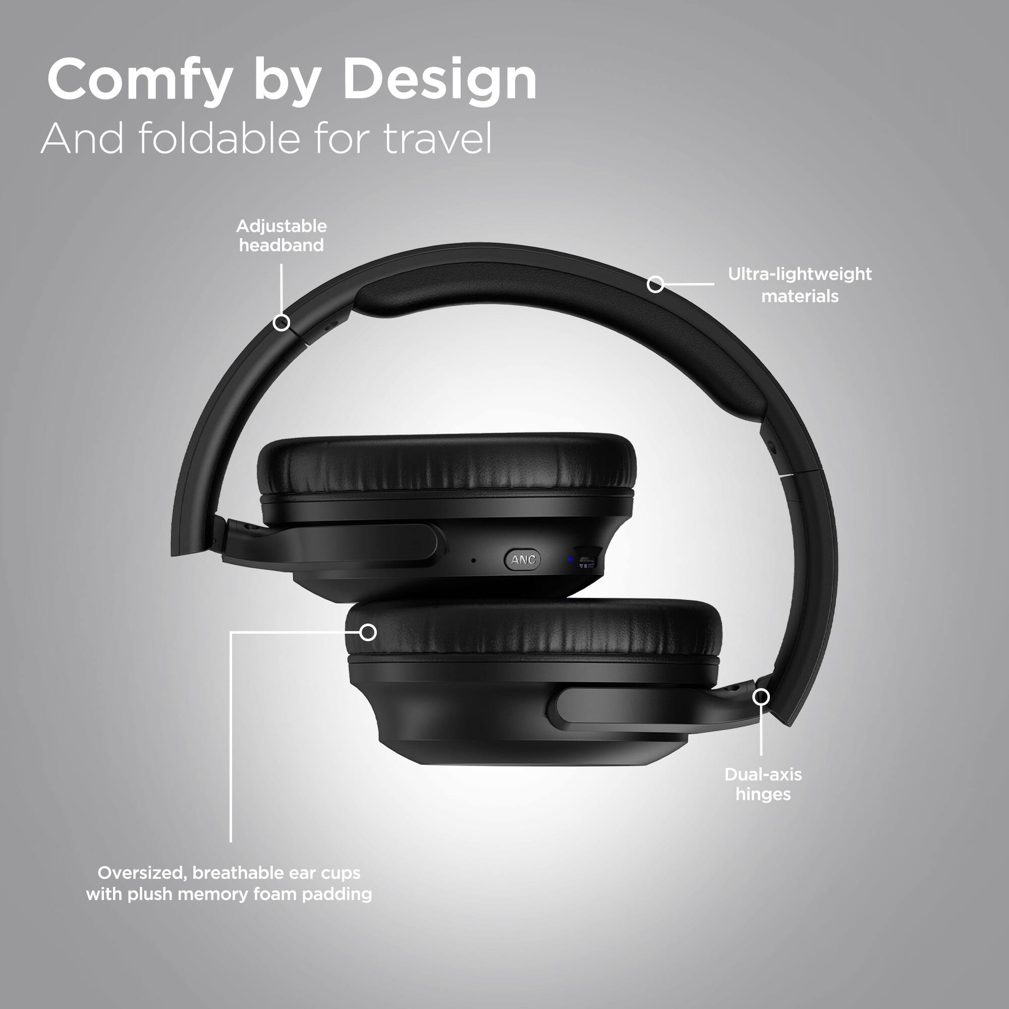Comfy by Design  
And foldable for travel  

Adjustable headband  
Ultra-lightweight materials  
Dual-axis hinges  
Oversized, breathable ear cups with plush memory foam padding