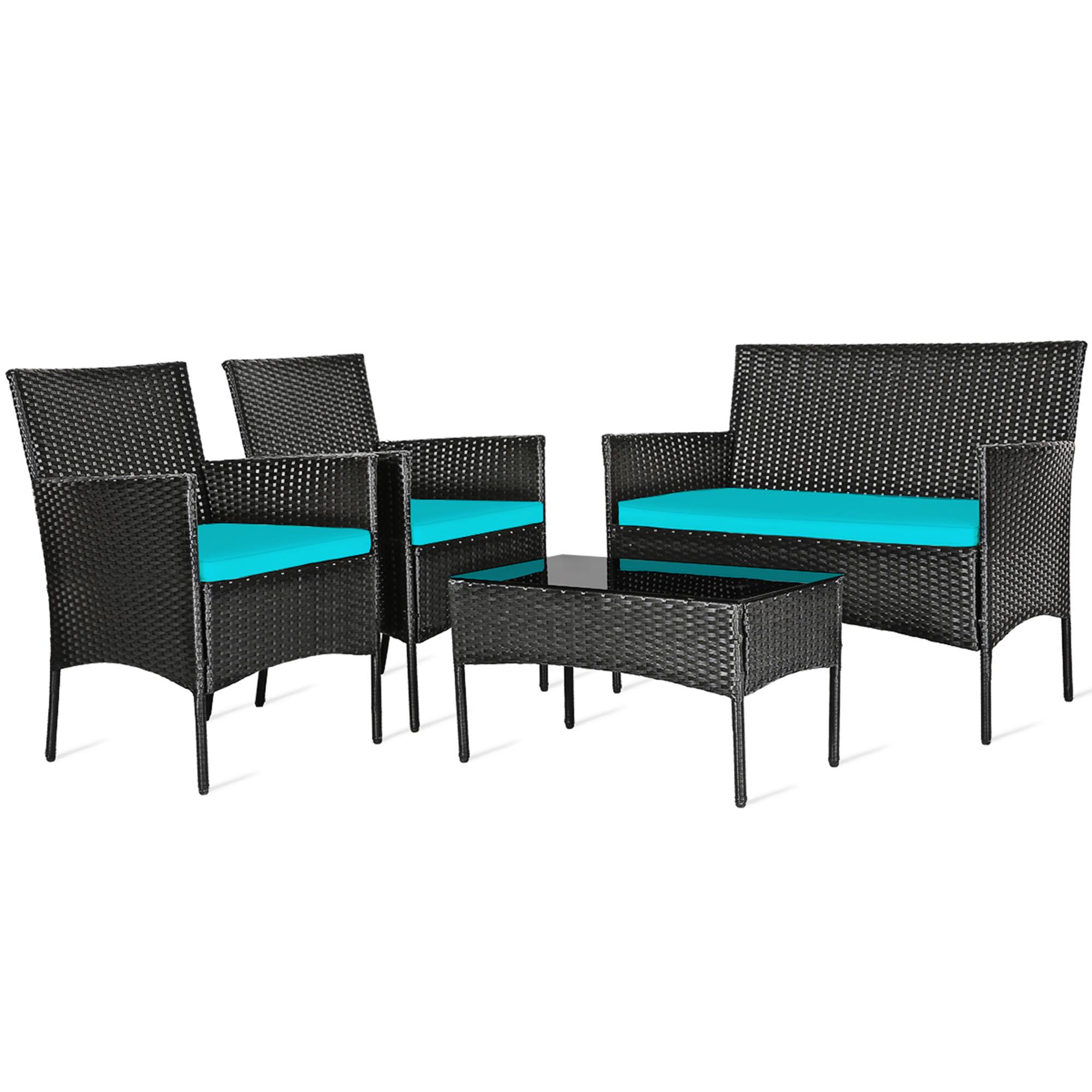 Alt View 1. Gymax - Gymax 4PCS Outdoor Furniture Set Patio Rattan Conversation Set w/ Turquoise Cushion - Turquoise.