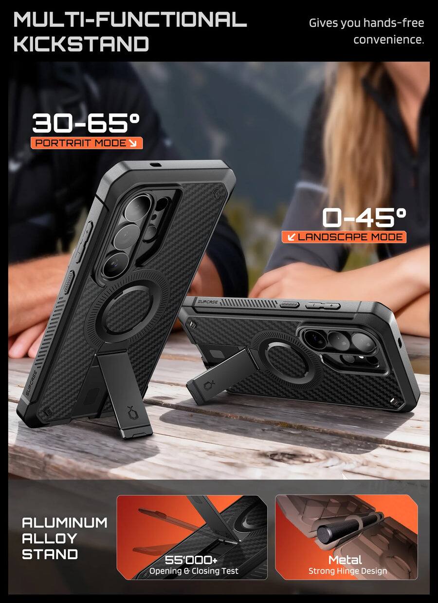 MULTI-FUNCTIONAL KICKSTAND  
Gives you hands-free convenience.  

30-65°  
PORTRAIT MODE  

0-45°  
LANDSCAPE MODE  

ALUMINUM ALLOY STAND  
55,000+ Opening & Closing Test  
Metal Strong Hinge Design