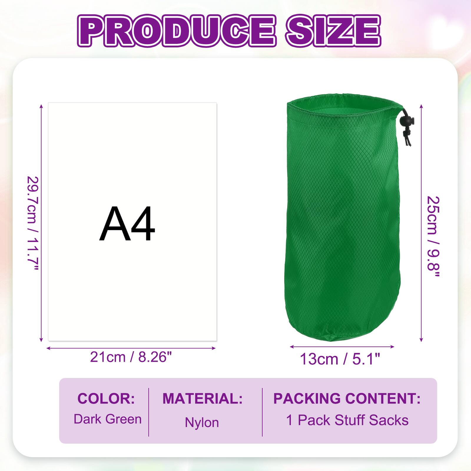 PRODUCE SIZE

A4
29.7cm / 11.7"
21cm / 8.26"
13cm / 5.1"

COLOR: Dark Green
MATERIAL: Nylon
PACKING CONTENT: 1 Pack Stuff Sacks