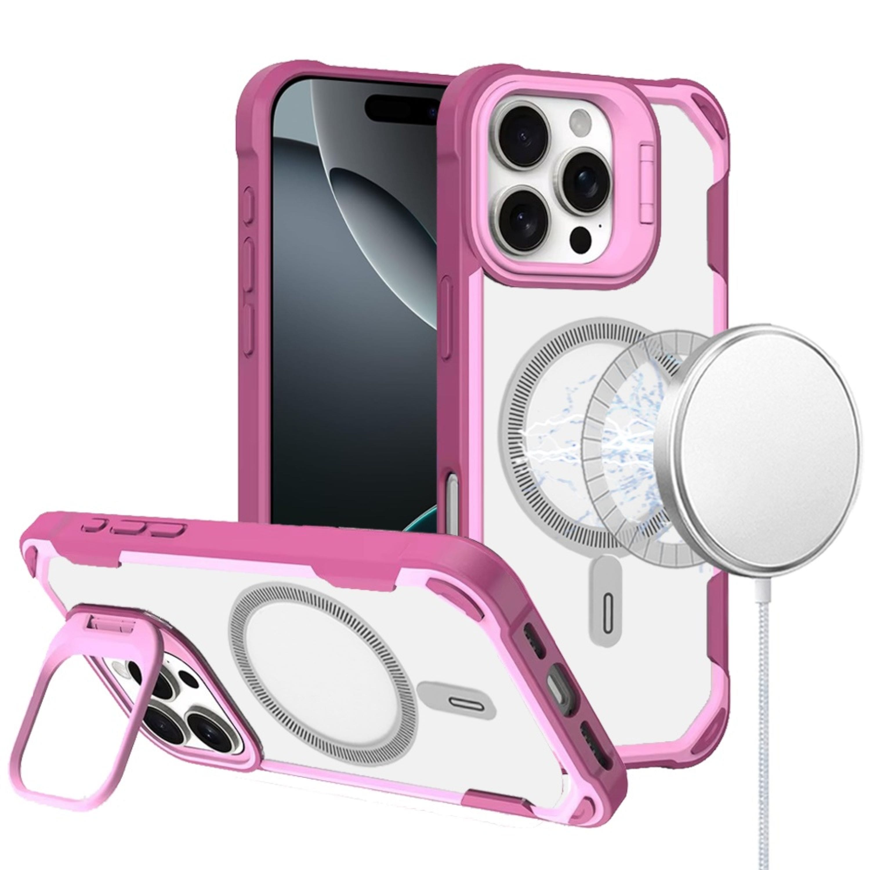 Kitcheniva - Rugged Magnetic Lens Stand Case With Tempered Glass For iPhone 16 Pro Max - Pink price history on PriceWatchPro