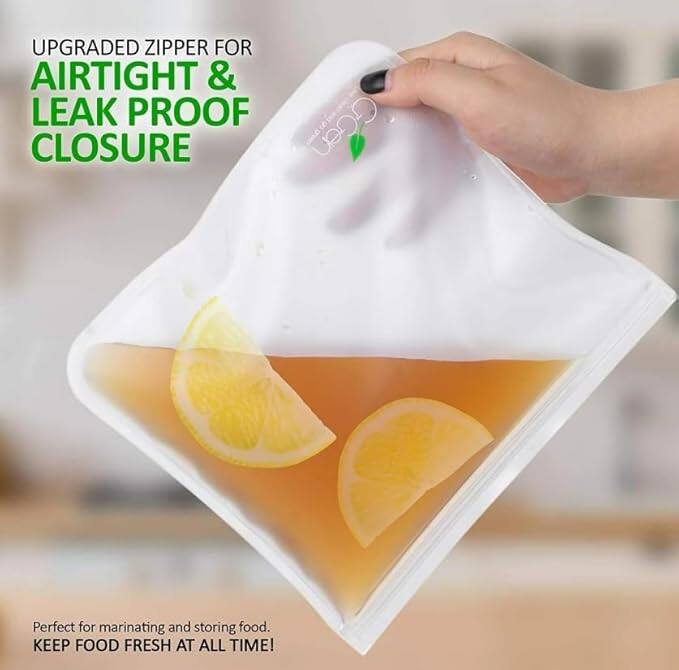 UPGRADED ZIPPER FOR AIRTIGHT & LEAK PROOF CLOSURE

Perfect for marinating and storing food. KEEP FOOD FRESH AT ALL TIME!