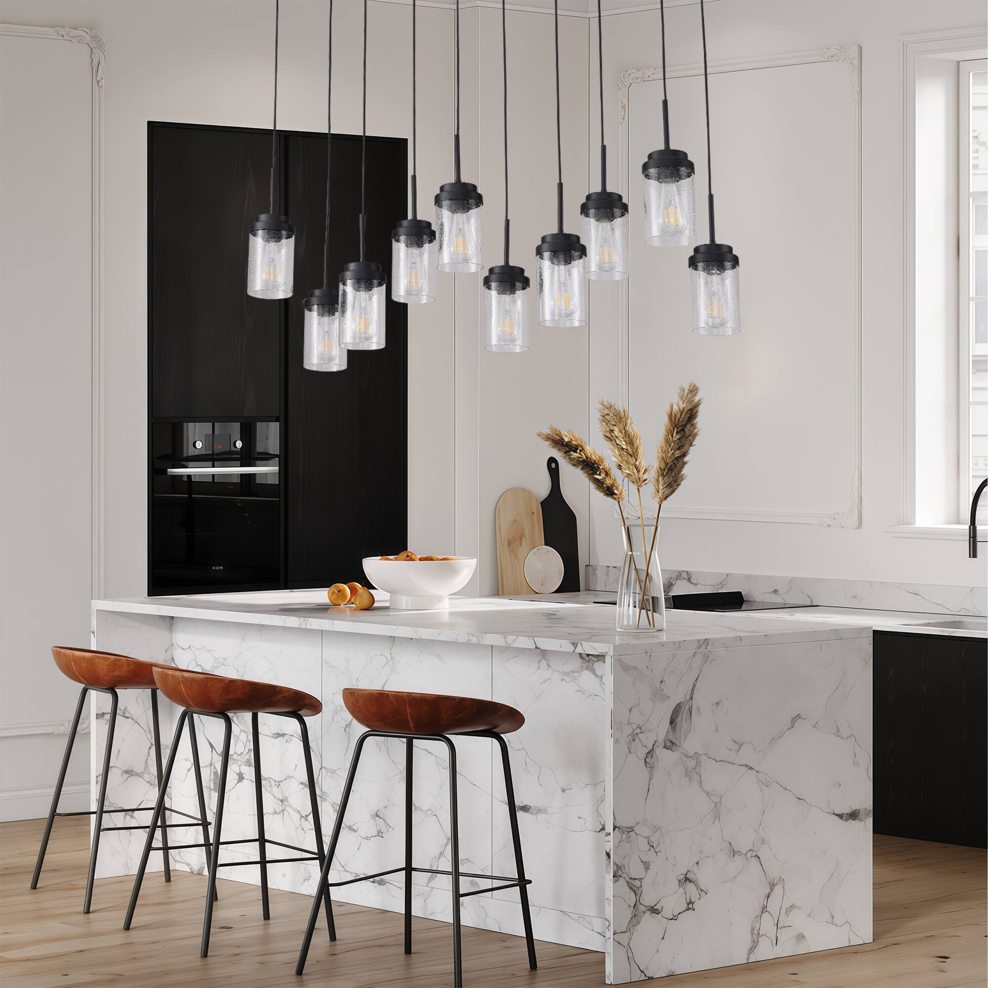 Left. RYHNUYNE - 10 Lights Kitchen Island Lighting, Modern Black Linear Chandelier, Dining Room Light Fixture for Kitchen Bar - Black.
