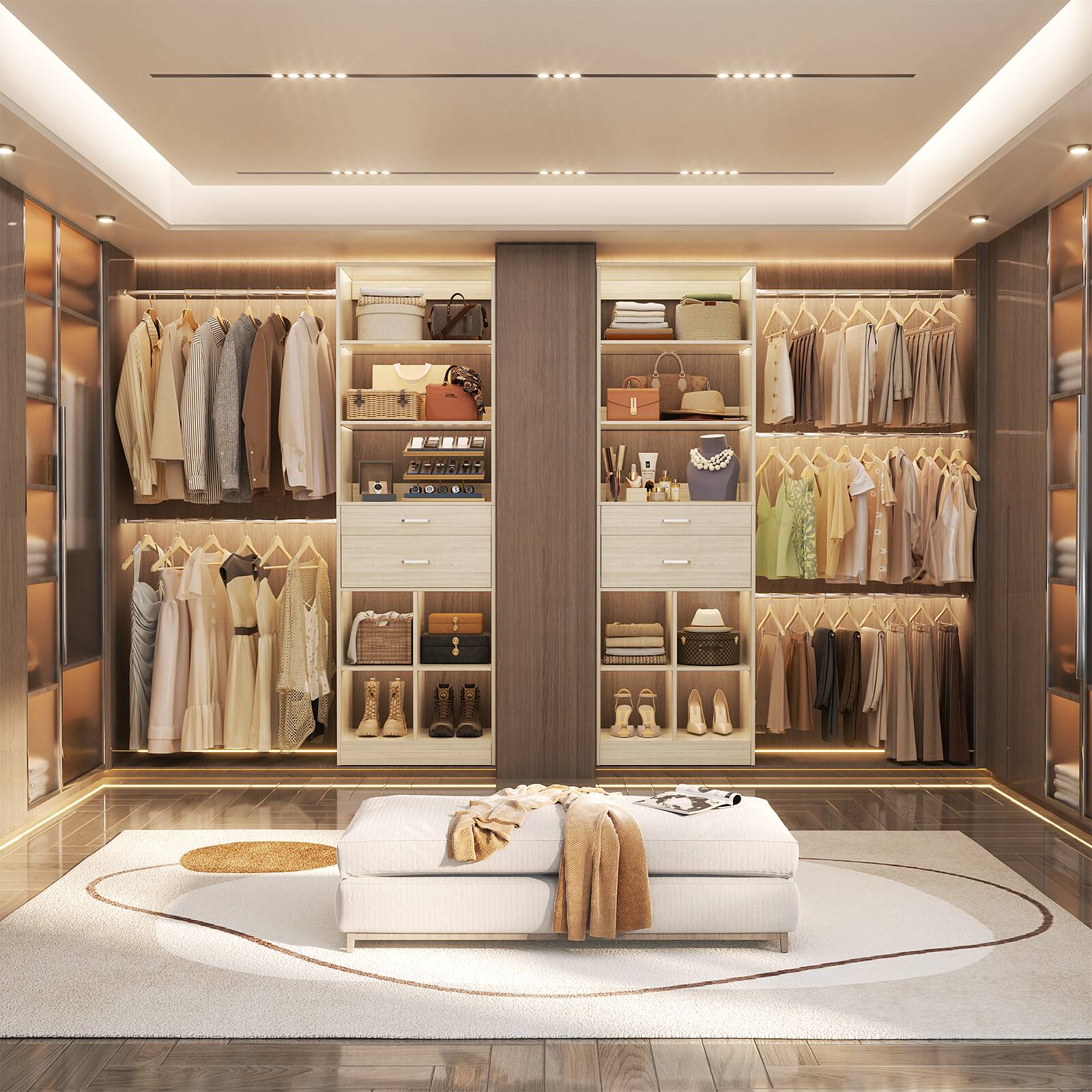 Back. Aheaplus - 4-8 FT Walk-in Closet Organizer with 2 Wood Drawers, 5 Hang Rods & Built-in Shelves - Fits 60-96'' Closets - White Oak.