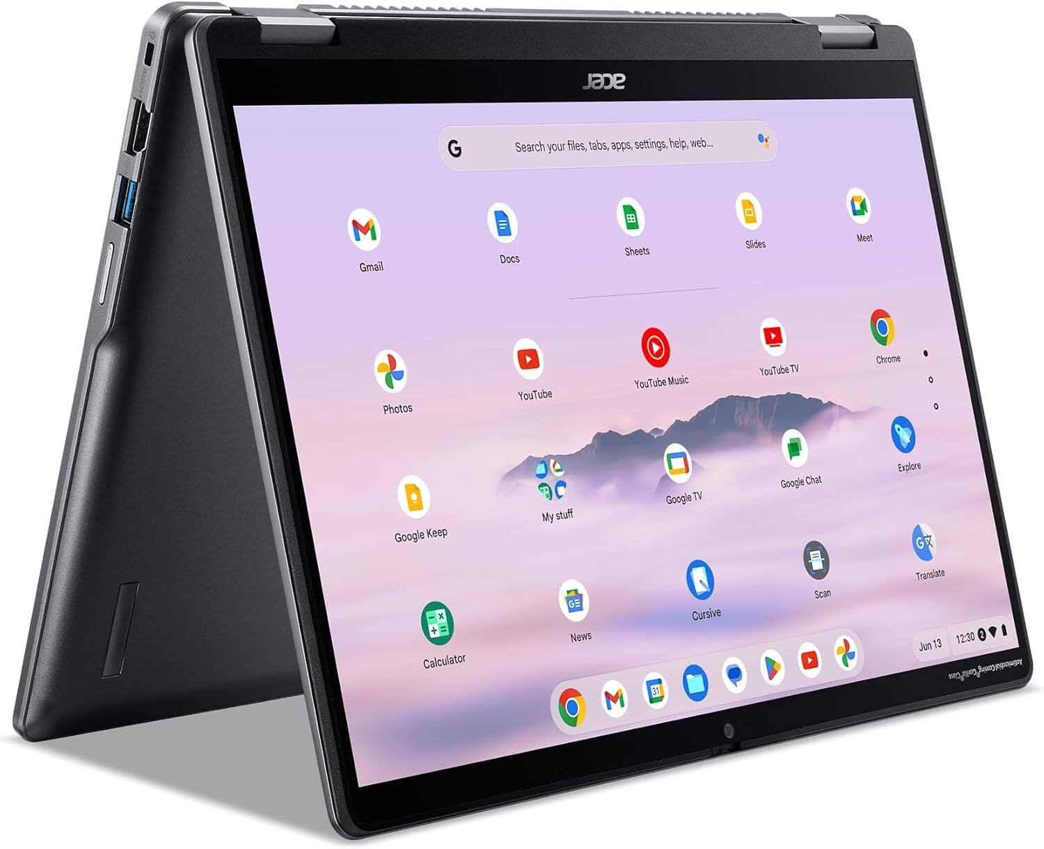 acer G Search files, tabs, apps, settings, help, web...

Gmail Docs Sheets Slides Meet Photos YouTube YouTube Music YouTube TV Chrome Google Keep My stuff Google TV Google Chat Explore Calculator News Cursive Scan Translate

13 12:30 Jun 13