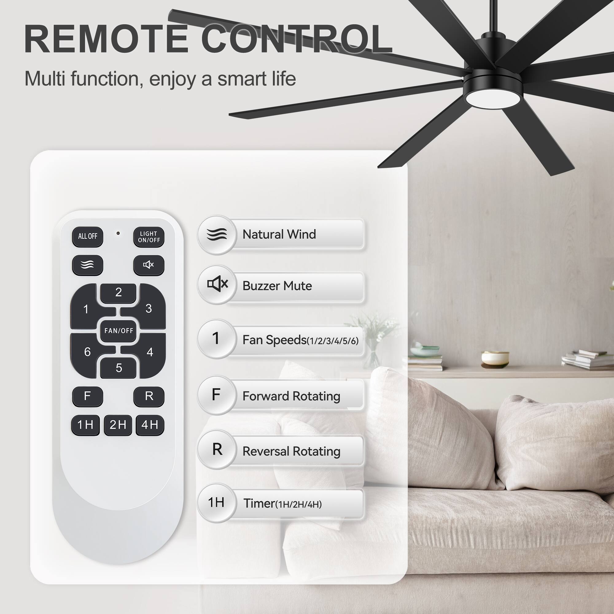 REMOTE CONTROL  
Multi function, enjoy a smart life  

- ALL OFF  
- LIGHT ON/OFF  
- Natural Wind  
- Buzzer Mute  
- FAN/OFF  
- Fan Speeds (1/2/3/4/5/6)  
- Forward Rotating  
- Reversal Rotating  
- Timer (1H/2H/4H)