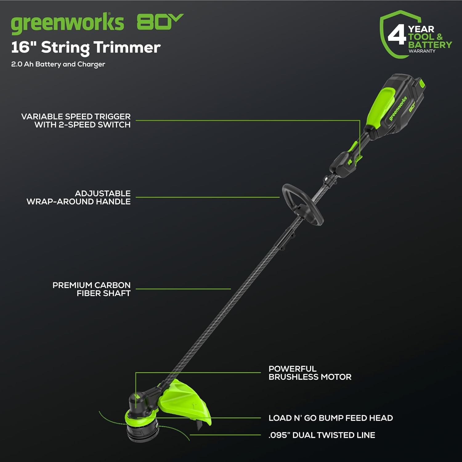 greenworks 80V 16" String Trimmer 2.0 Ah Battery and Charger  
4 YEAR TOOL & BATTERY WARRANTY  
VARIABLE SPEED TRIGGER WITH 2-SPEED SWITCH  
ADJUSTABLE WRAP-AROUND HANDLE  
PREMIUM CARBON FIBER SHAFT  
POWERFUL BRUSHLESS MOTOR  
LOAD N' GO BUMP FEED HEAD  
.095" DUAL TWISTED LINE