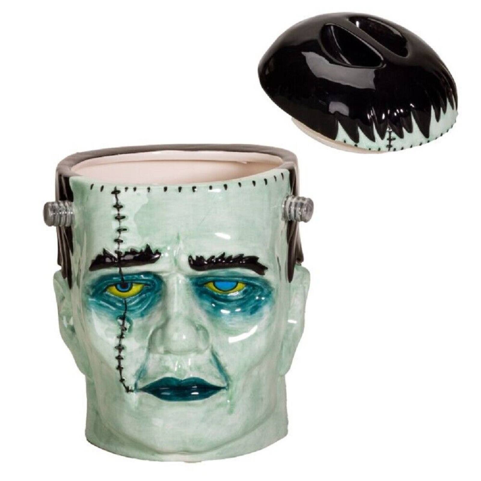 Left. Pacific Trading - Frankenstein Head Ceramic Cookie Jar - Green.