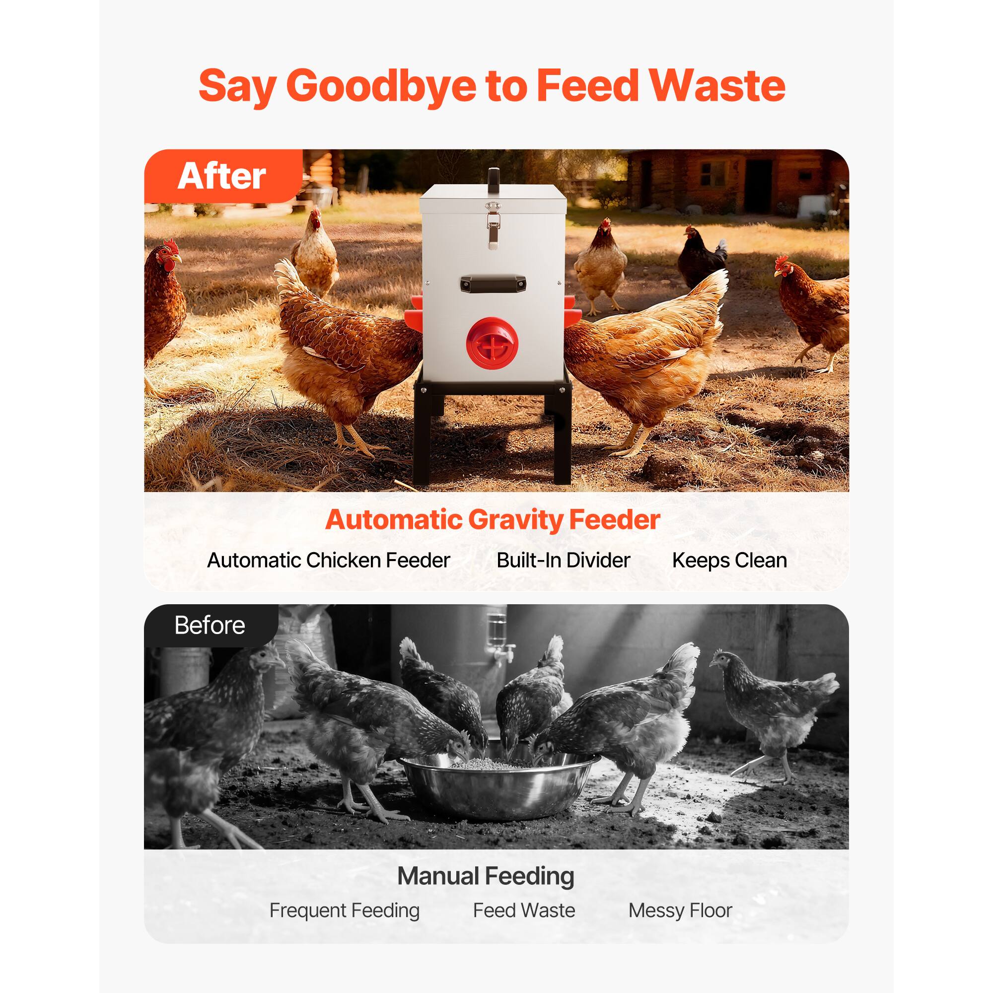 Say Goodbye to Feed Waste

After

Automatic Gravity Feeder
Automatic Chicken Feeder
Built-In Divider
Keeps Clean

Before

Manual Feeding
Frequent Feeding
Feed Waste
Messy Floor