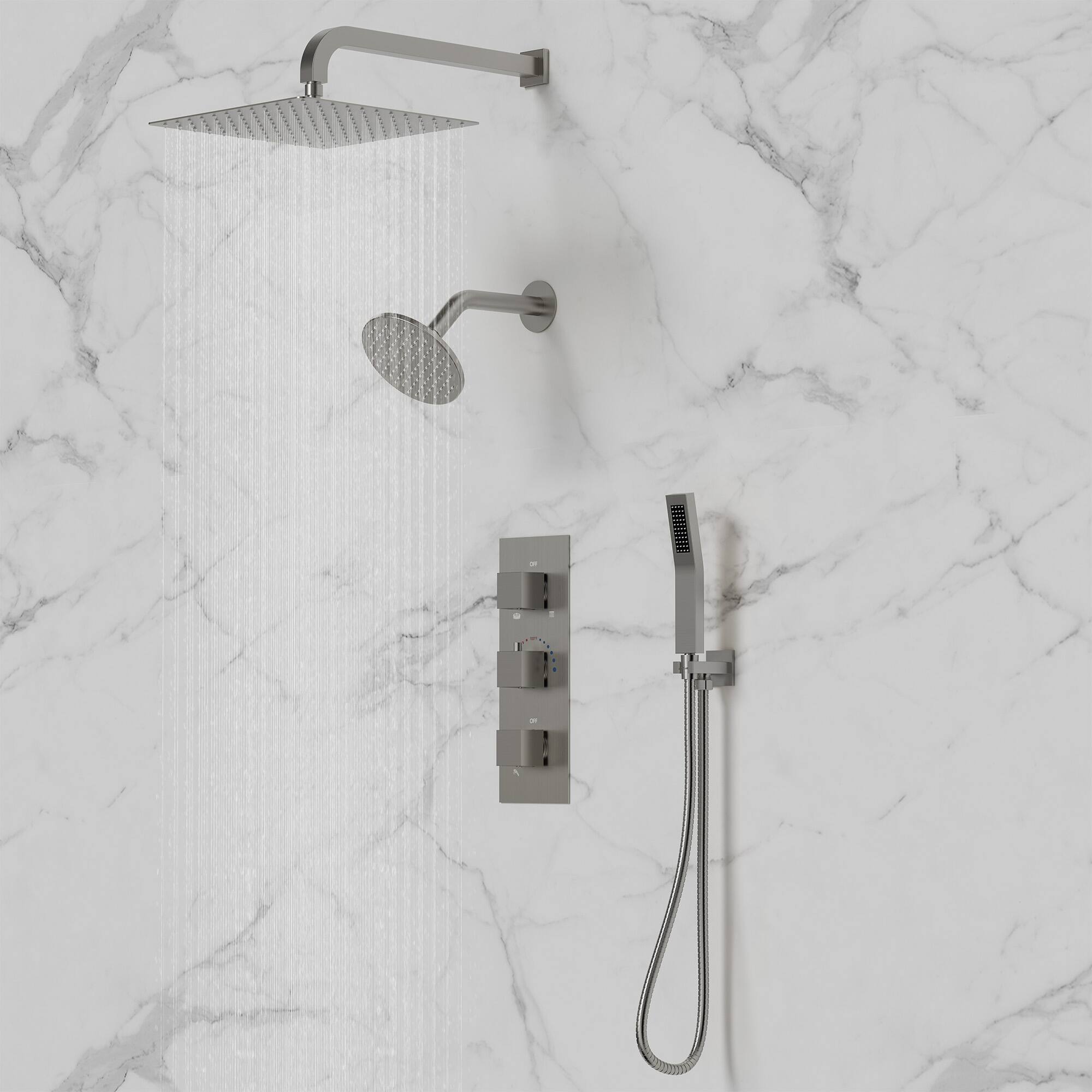 Alt View 8. GRANDJOY - Thermostatic Dual Shower Faucet Kit with 10" Overhead Rain Shower and 59" Stainless Hose Handheld Shower Head - Brushed Nickel.
