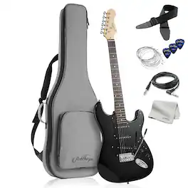 Ashthorpe - 39-in Full-Size Electric Guitar Beginner Kit with Gig Bag - Black-Black