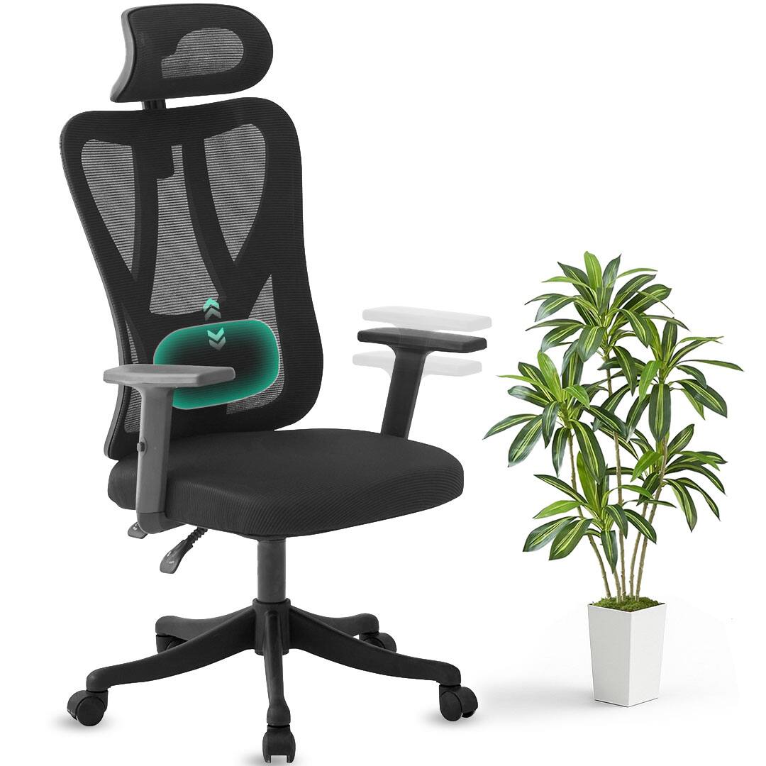 MotionGrey - Stylish Ergonomic High Mesh Office Chair with Adjustable Head, Armrest & Lumbar Support - Black