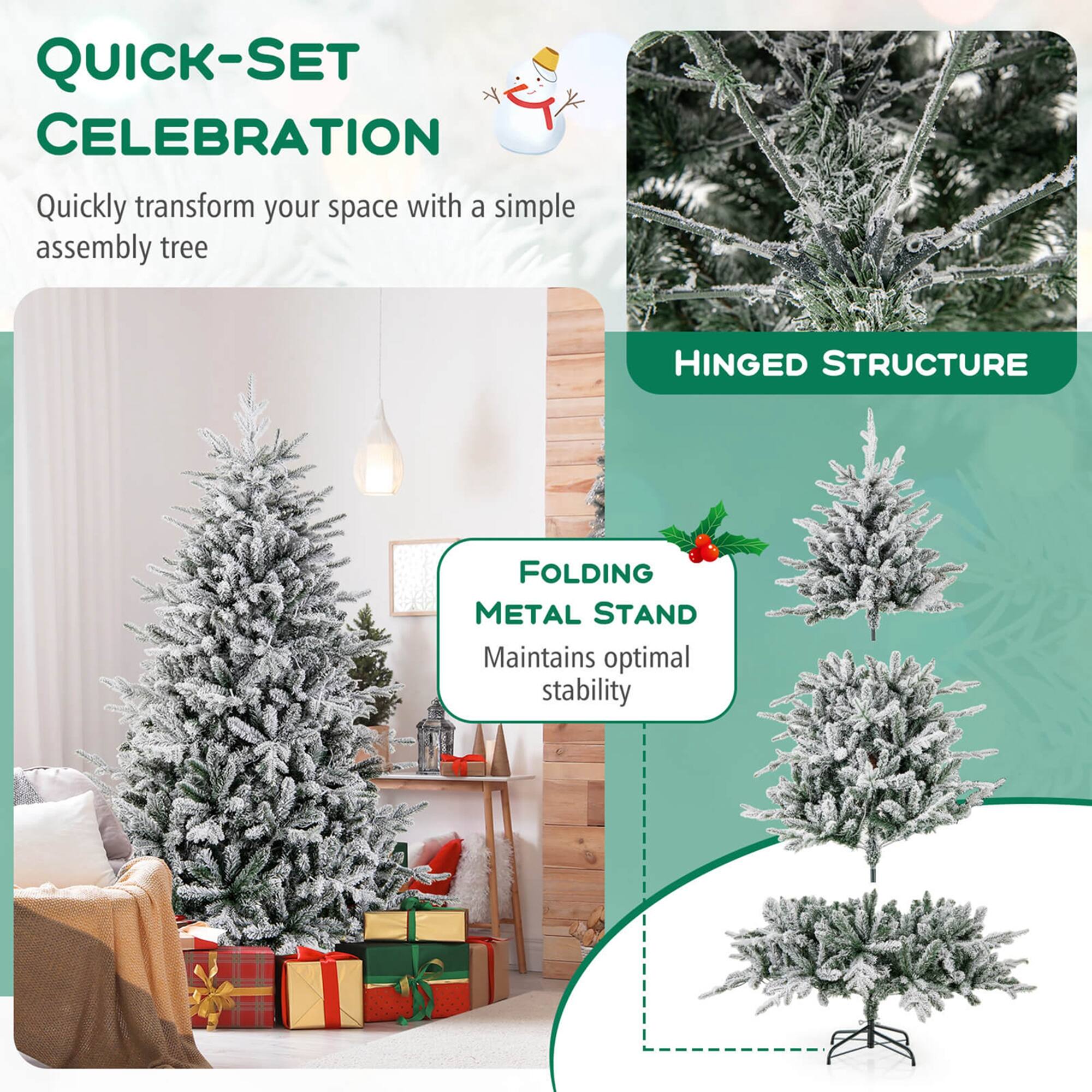 Quick-Set Celebration: Quickly transform your space with a simple assembly tree. Hinged Structure: Folding Metal Stand: Maintains optimal stability.