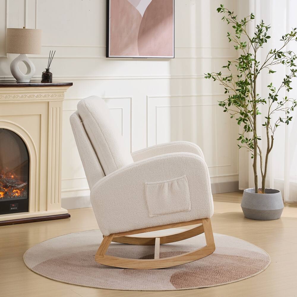 Alt View 1. Loheer - Loheer Ivory Sherpa Rocking Chair High Back Nursery Glider Accent Armchair with Side Pocket and Rubber Wood Legs - Ivory.