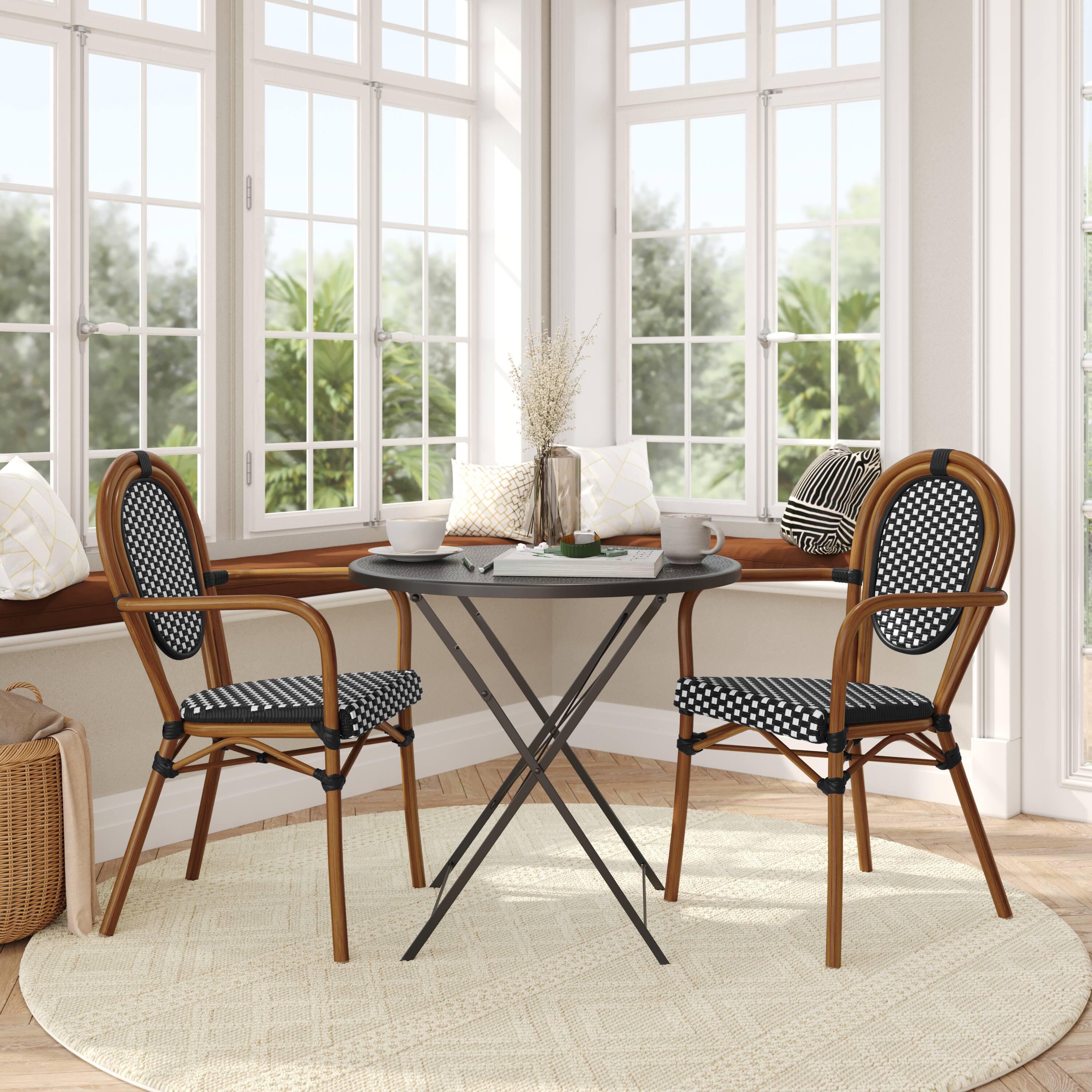 Alt View 2. Flash Furniture - 2 Pack Lourdes Indoor/Outdoor Commercial Thonet Bistro Stacking Chair with Arms, Black and White PE Rattan and Natural A - Black.