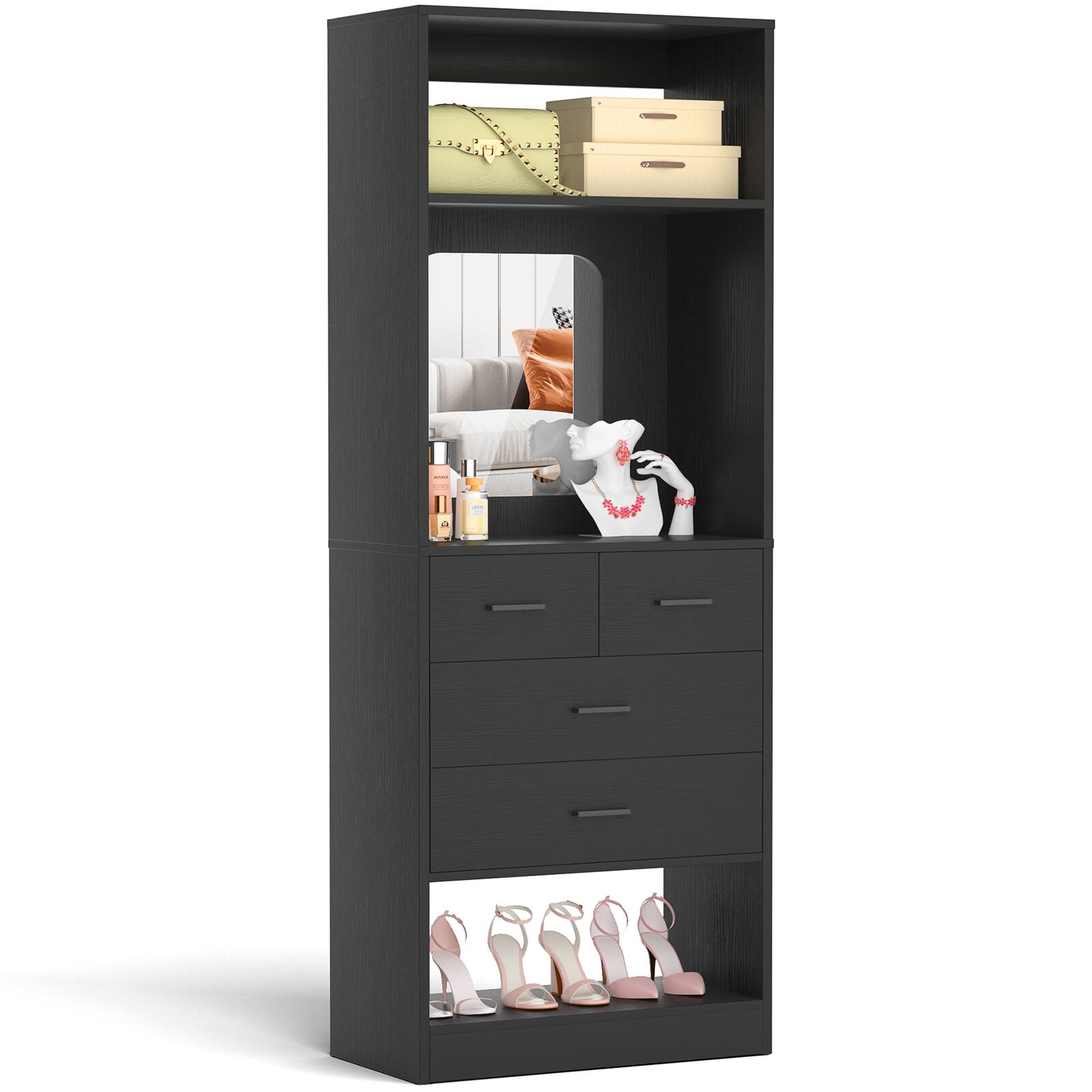 Alt View 1. Aheaplus - 25 Inch Closet System with 4 Wooden Drawers, Freestanding Closet Organizer with Mirror & Storage Shelves - Black.