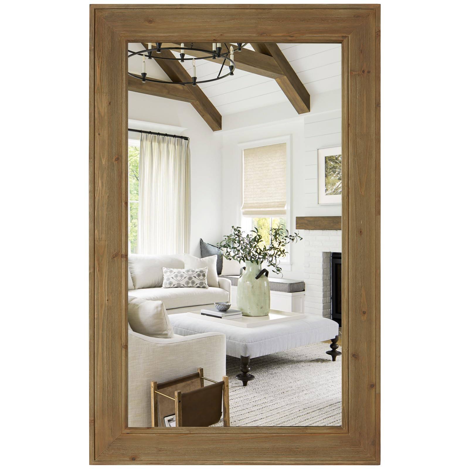 Front. TECH SAFARI - Rustic Wood Framed Mirror Farmhouse Decorative Wall Vintage Solid Rectangular For Bathroom Entryway Living - Natural 48"L x 30"W.