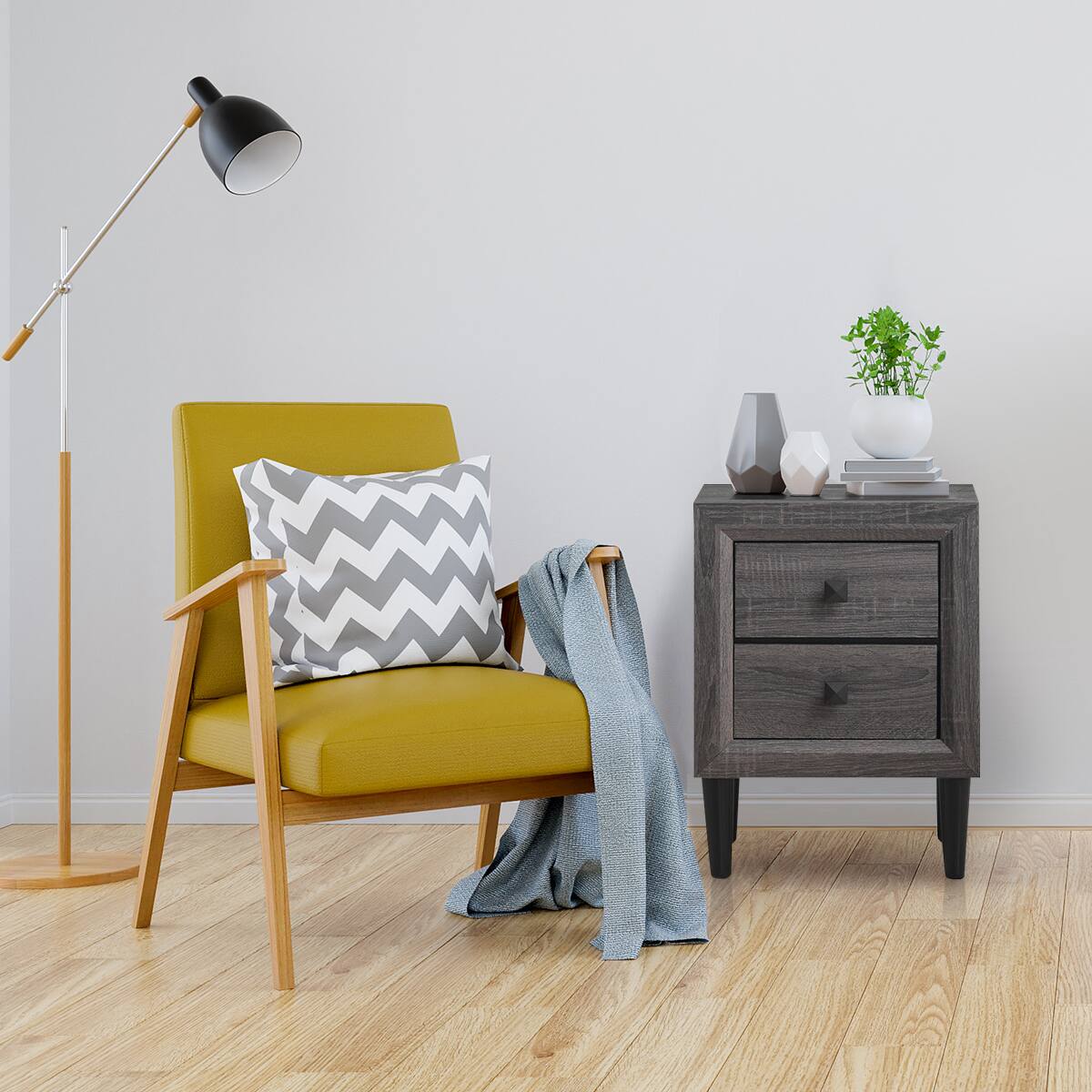 Alt View 14. Costway - 2PCS Nightstand with 2 Drawer Multipurpose Retro Grey Bedside Table Fully Assembled - Gray.