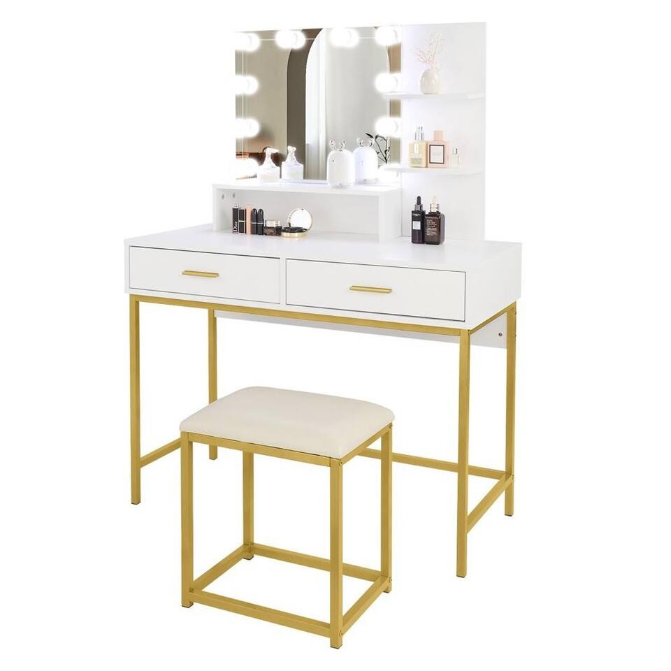 Front. Winado - Vanity Set with Led Lights Makeup Desk Dressing Dresser Desk Table with 2 Drawer - White.