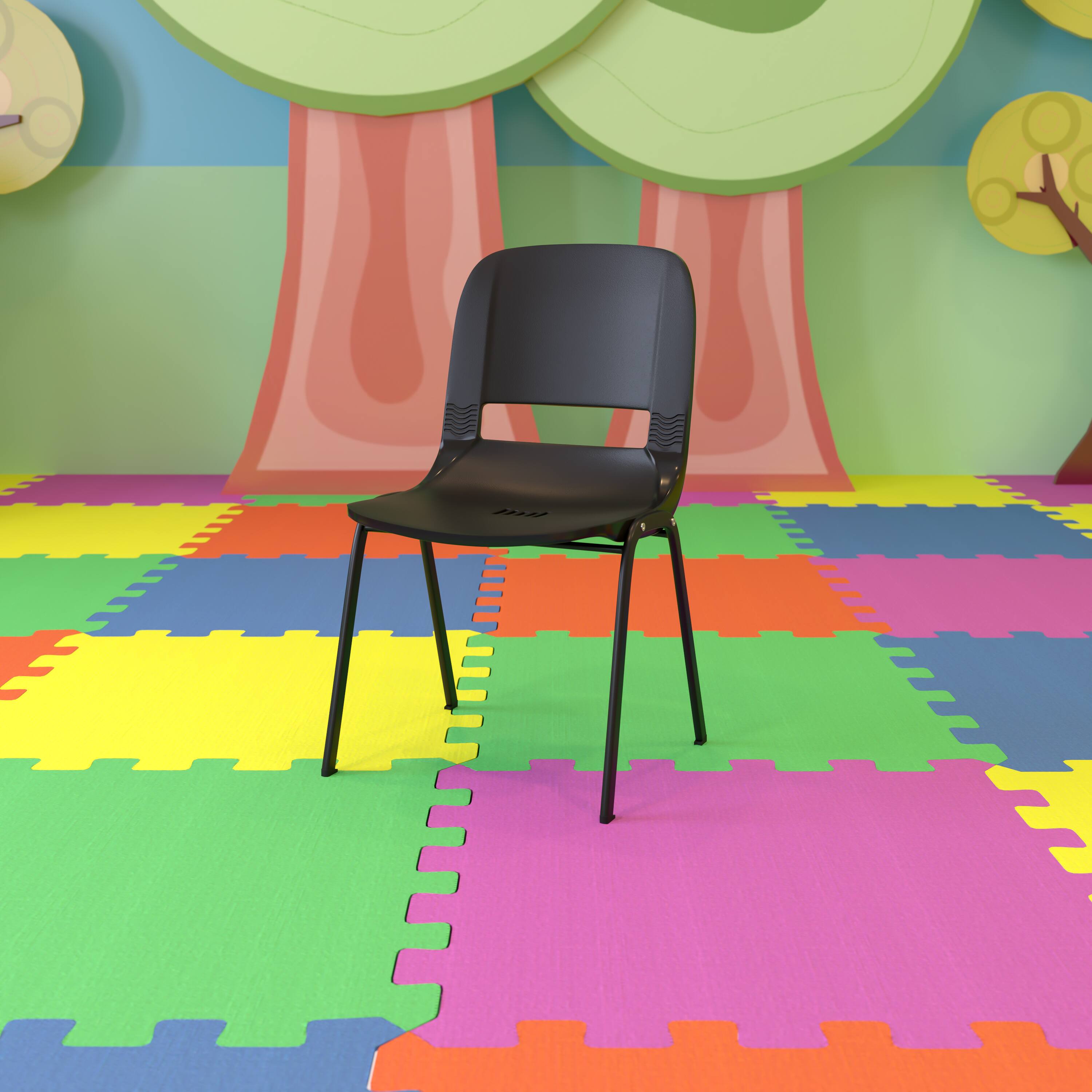 Alt View 1. Emma + Oliver - Ergonomic Shell Stack Chair - 16" Seat Daycare Home School - Black Plastic/Black Frame.