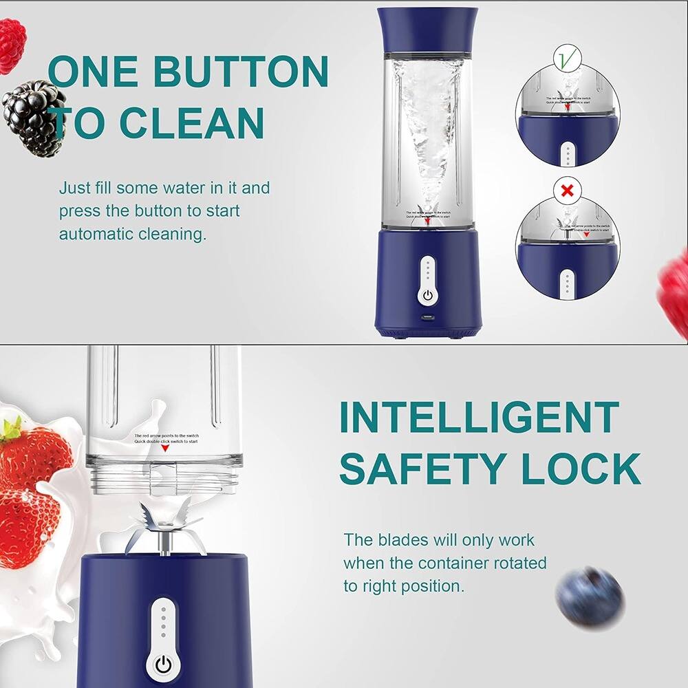 **ONE BUTTON TO CLEAN**

Just fill some water in it and press the button to start automatic cleaning.

**INTELLIGENT SAFETY LOCK**

The blades will only work when the container is rotated to the right position.