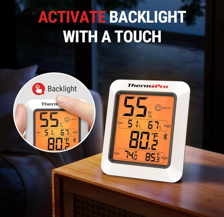 ACTIVATE BACKLIGHT WITH A TOUCH

Backlight

ThermPro

55%
low 51% high 67%

80.2°F

low 74°F high 85.3°F
