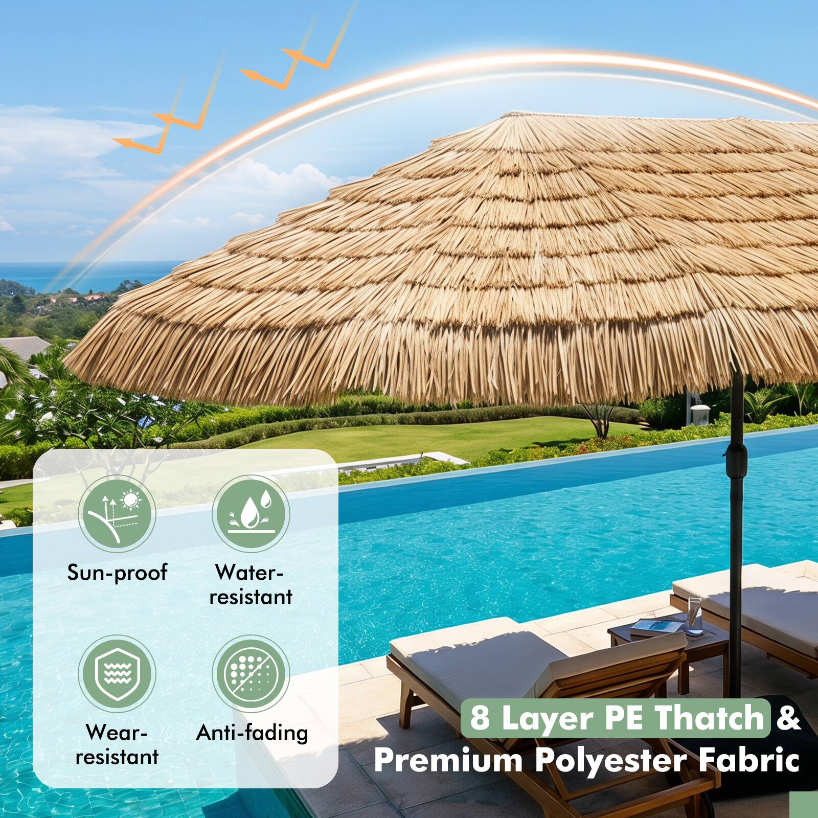 Sun-proof, Water-resistant, Wear-resistant, Anti-fading, 8 Layer PE Thatch & Premium Polyester Fabric