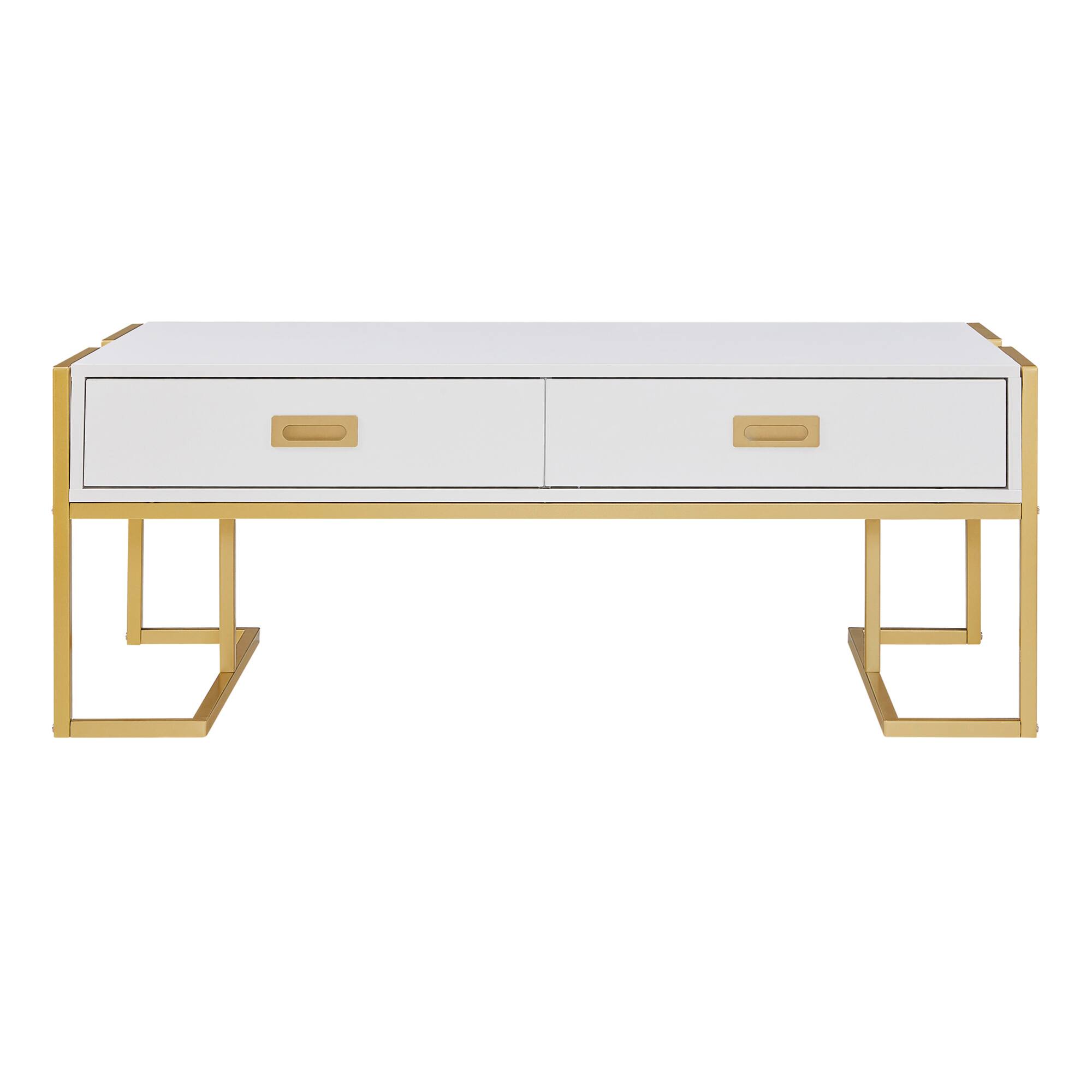 Alt View 5. GOODSILO - Modern Rectangular Coffee Table with Drawers and Metallic Base - White+Gold.