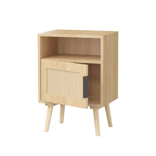Alt View 1. LUCKY ONE - 22.83" Assembled Rattan Nightstand with Door Open Shelf Solid Wood Legs - Oak.